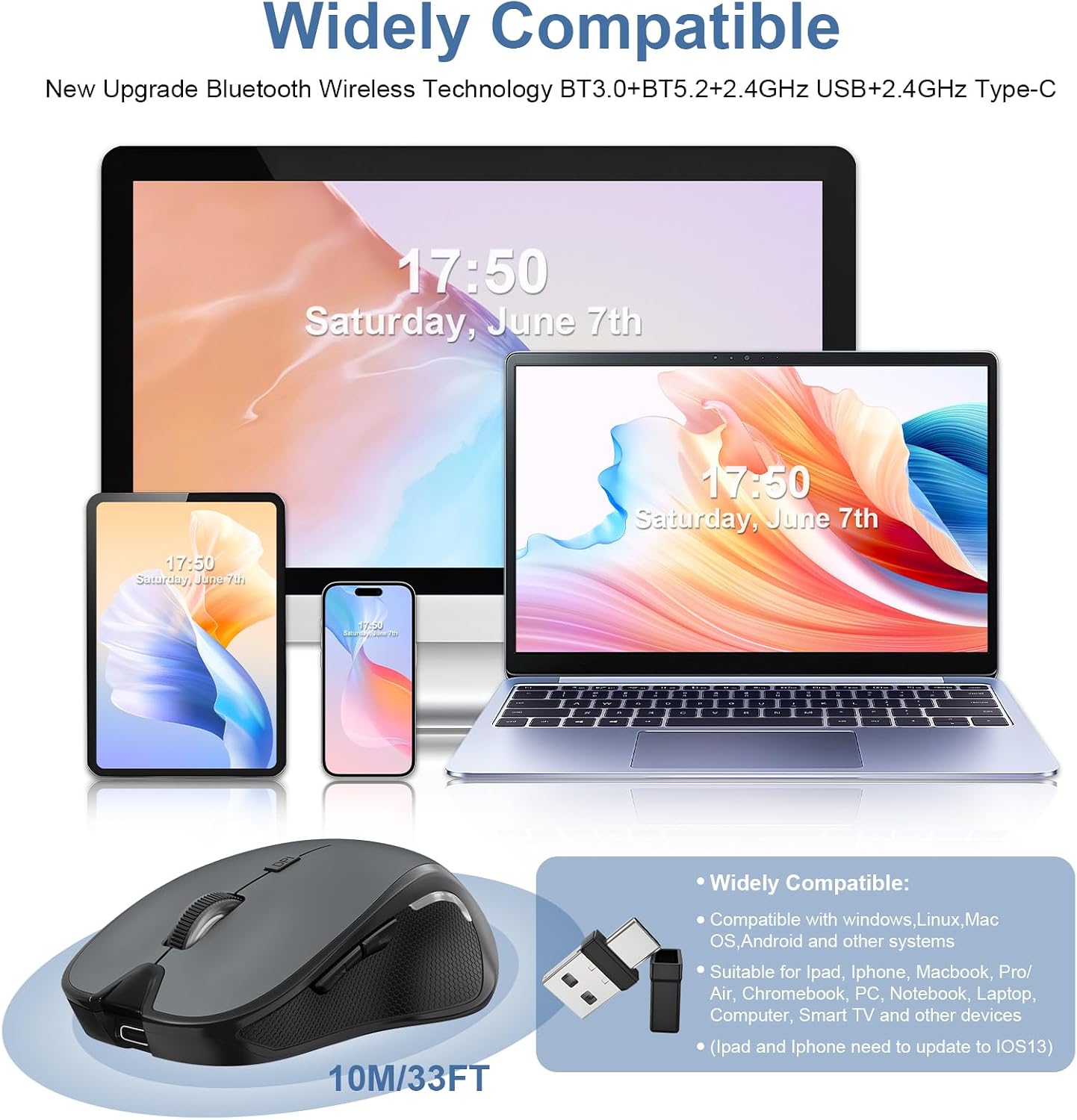 Mouse for MacBook Bluetooth Wireless Mice Laptop Mac Pro iPad with Jiggler | Wireless Bluetooth Rechargeable Silent Optical Mouse Dual Mode Switch Bluetooth 5.2/3.0 and 2.4GHz USB Type-C Receiver Black