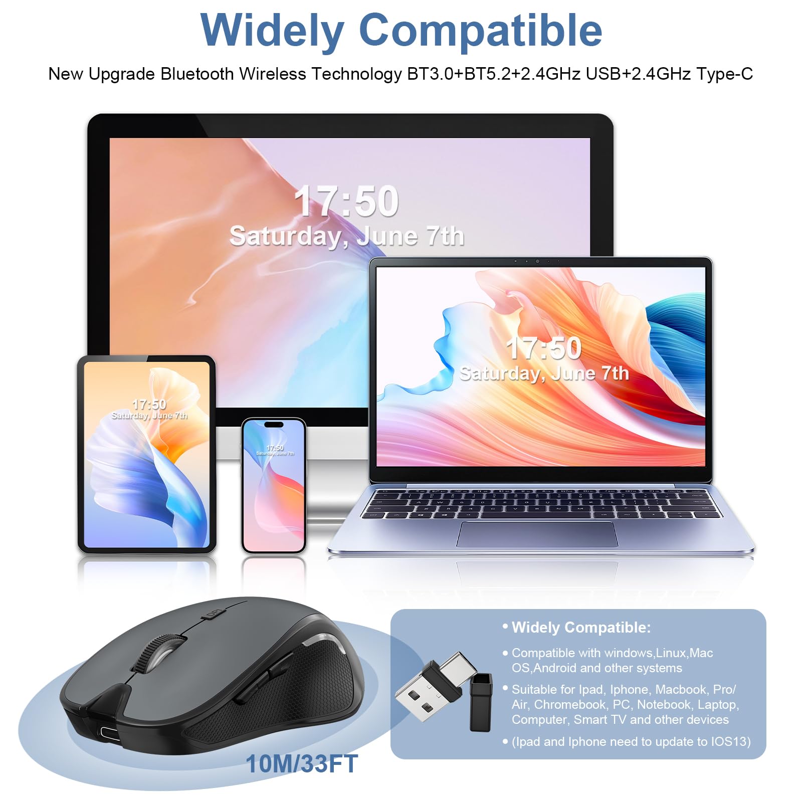 Mouse for MacBook Bluetooth Wireless Mice Laptop Mac Pro iPad with Jiggler | Wireless Bluetooth Rechargeable Silent Optical Mouse Dual Mode Switch Bluetooth 5.2/3.0 and 2.4GHz USB Type-C Receiver Black