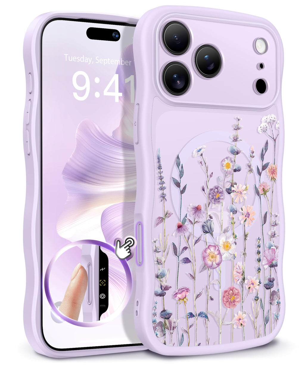 GVIEWIN for iPhone 17 Pro Case Compatible with MagSafe [Curly Wave Edge][Full Camera Protection] Floral Translucent Shockproof Magnetic Women Phone Case for iPhone 17 Pro 6.3'', Floratopia/Brown