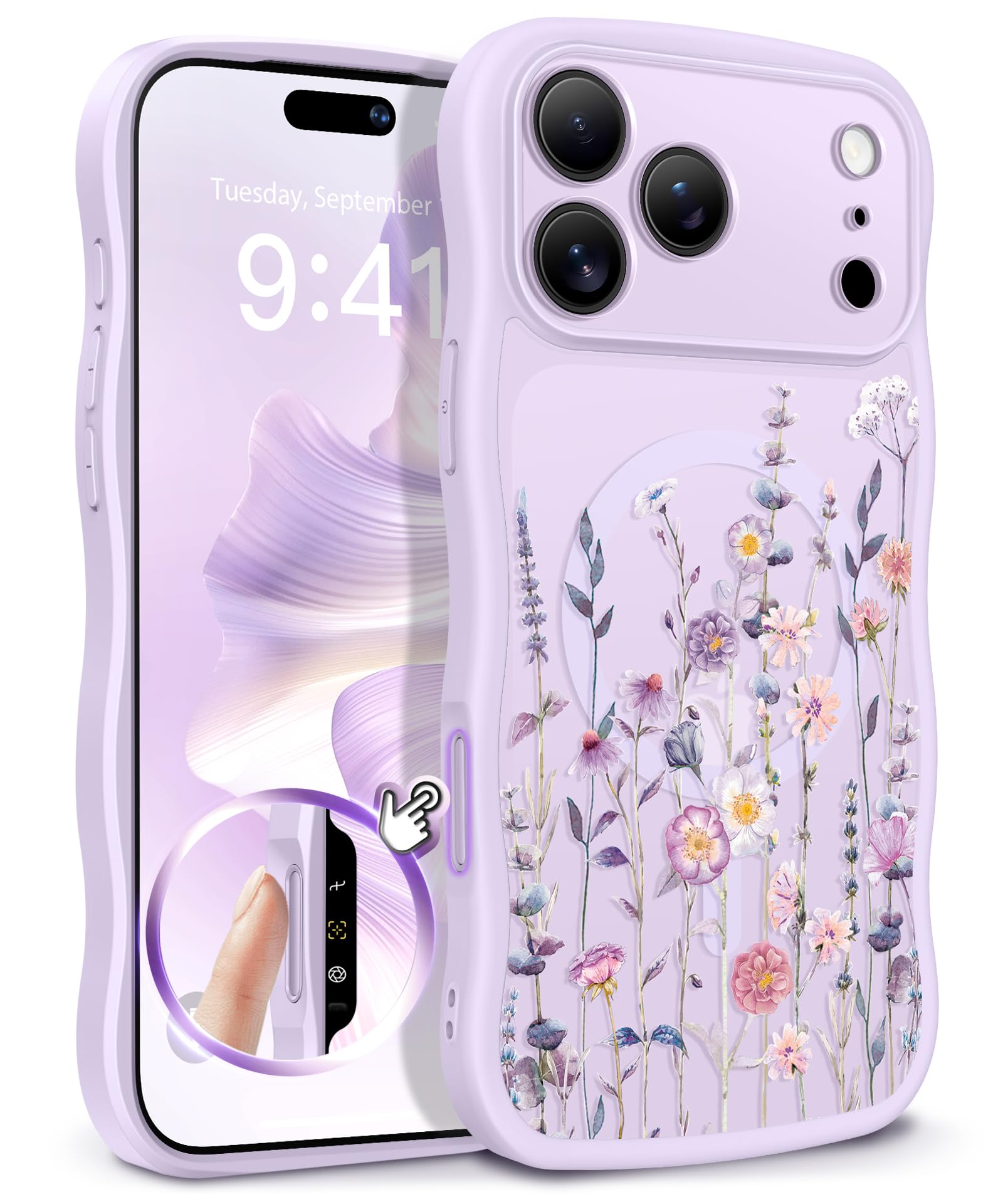 GVIEWIN for iPhone 17 Pro Case Compatible with MagSafe [Curly Wave Edge][Full Camera Protection] Floral Translucent Shockproof Magnetic Women Phone Case for iPhone 17 Pro 6.3'', Floratopia/Brown