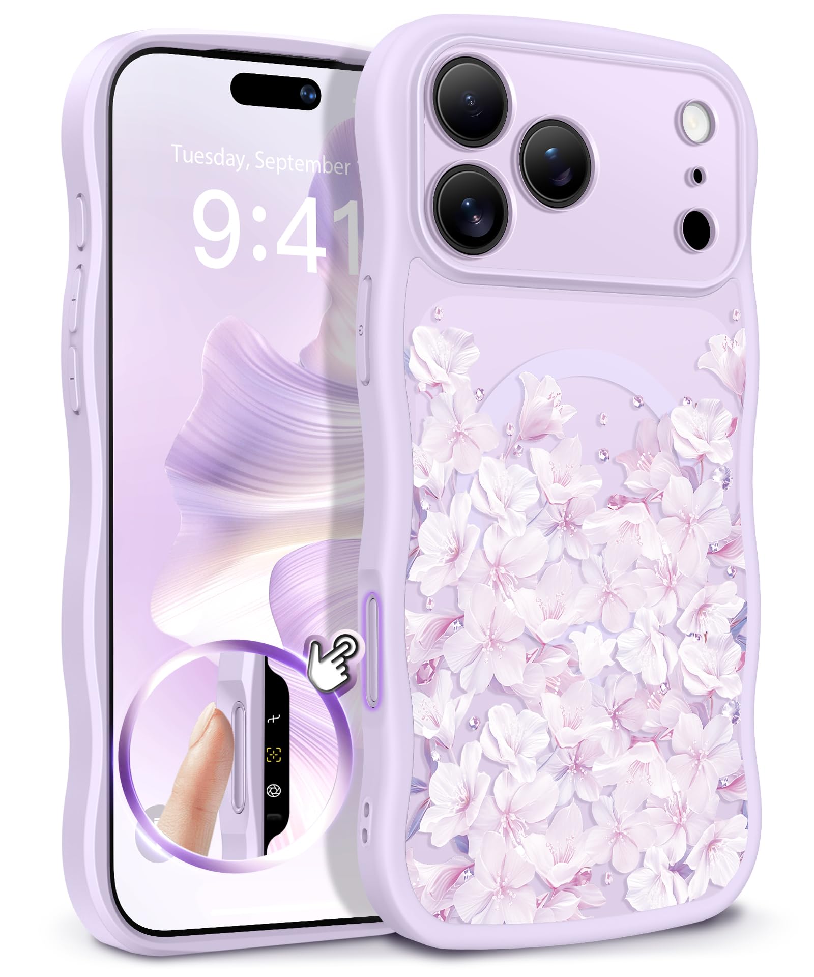 GVIEWIN for iPhone 17 Pro Case Compatible with MagSafe [Curly Wave Edge][Full Camera Protection] Floral Translucent Shockproof Magnetic Women Phone Case for iPhone 17 Pro 6.3'', Floratopia/Brown