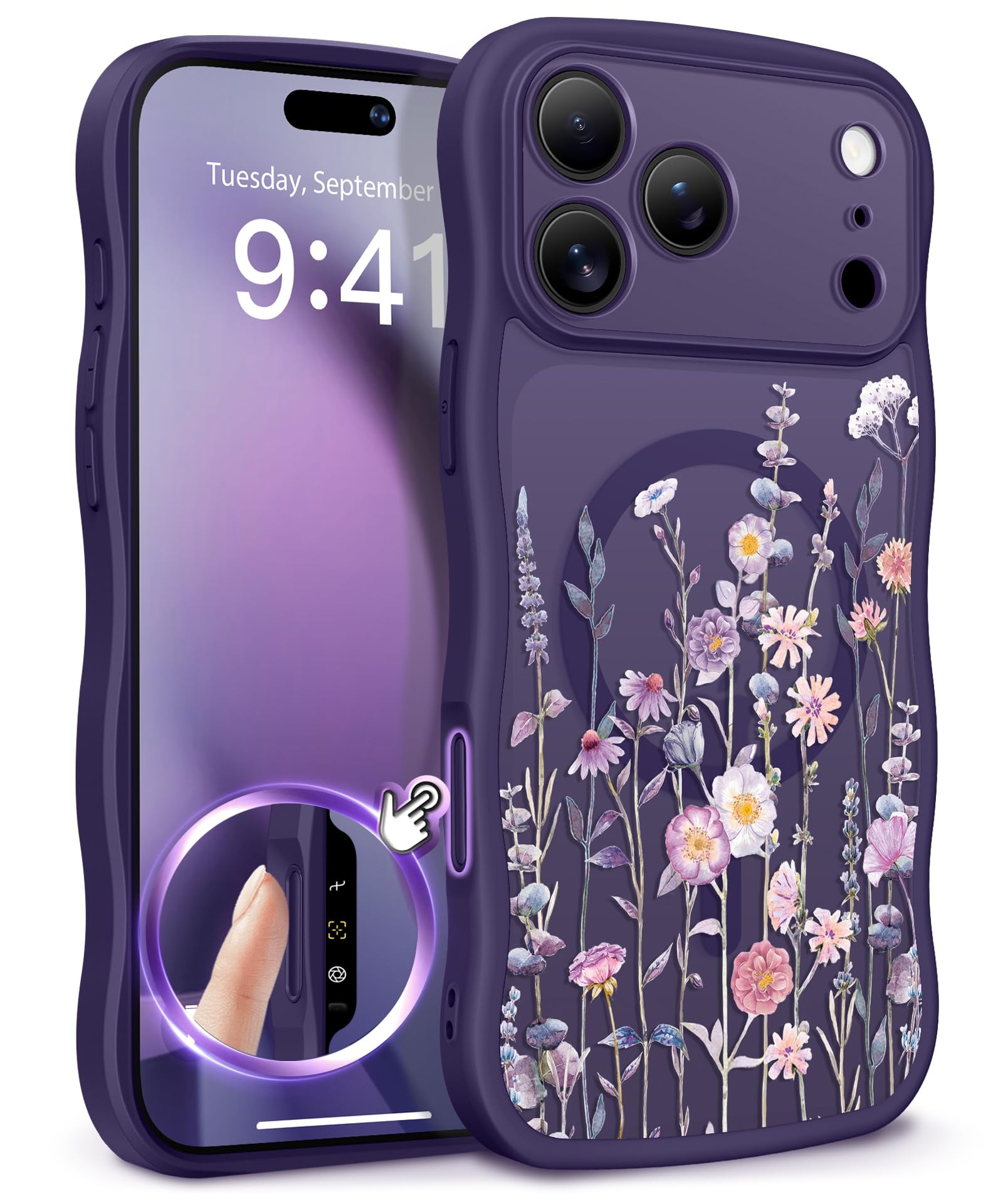GVIEWIN for iPhone 17 Pro Case Compatible with MagSafe [Curly Wave Edge][Full Camera Protection] Floral Translucent Shockproof Magnetic Women Phone Case for iPhone 17 Pro 6.3'', Floratopia/Brown