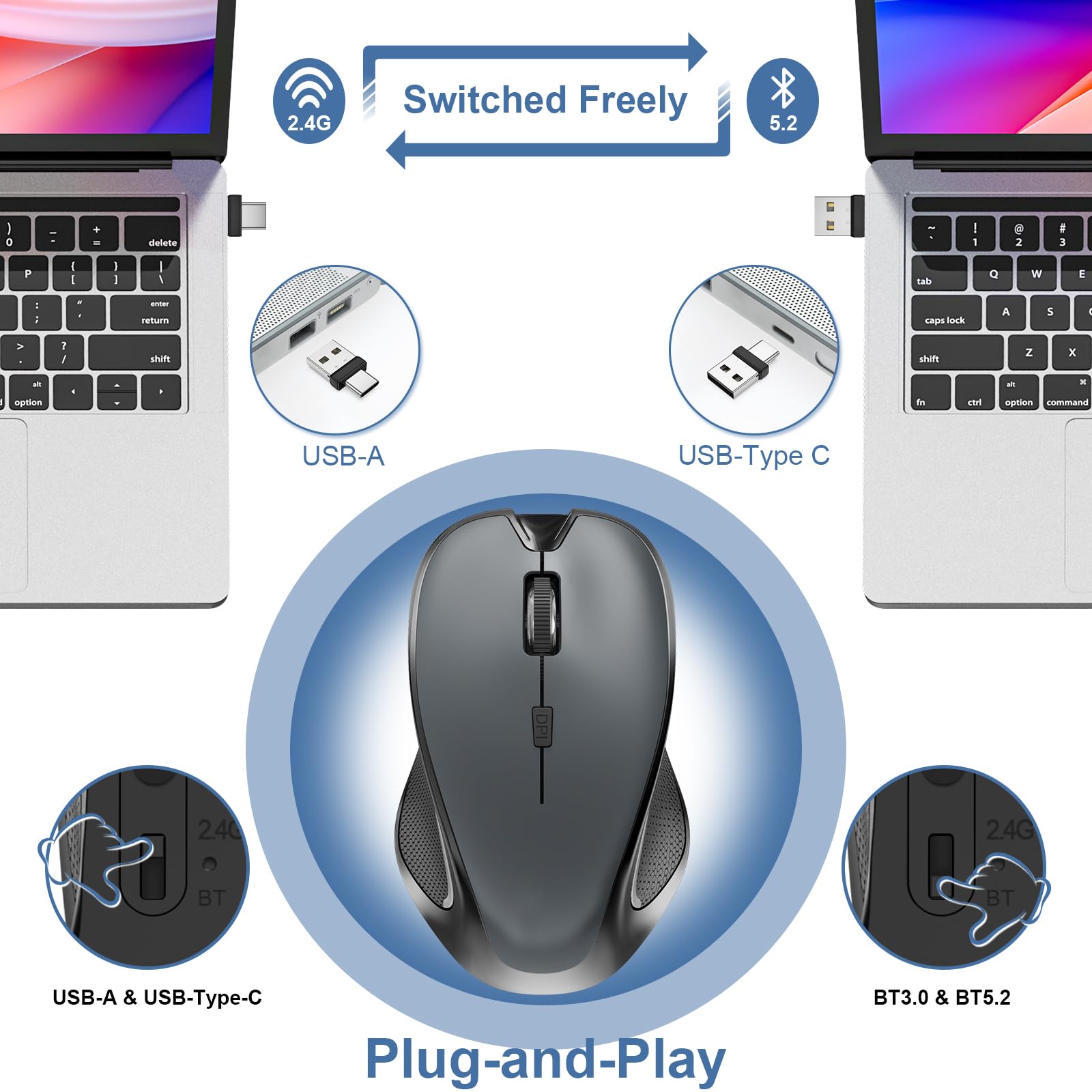 Mouse for MacBook Bluetooth Wireless Mice Laptop Mac Pro iPad with Jiggler | Wireless Bluetooth Rechargeable Silent Optical Mouse Dual Mode Switch Bluetooth 5.2/3.0 and 2.4GHz USB Type-C Receiver Black
