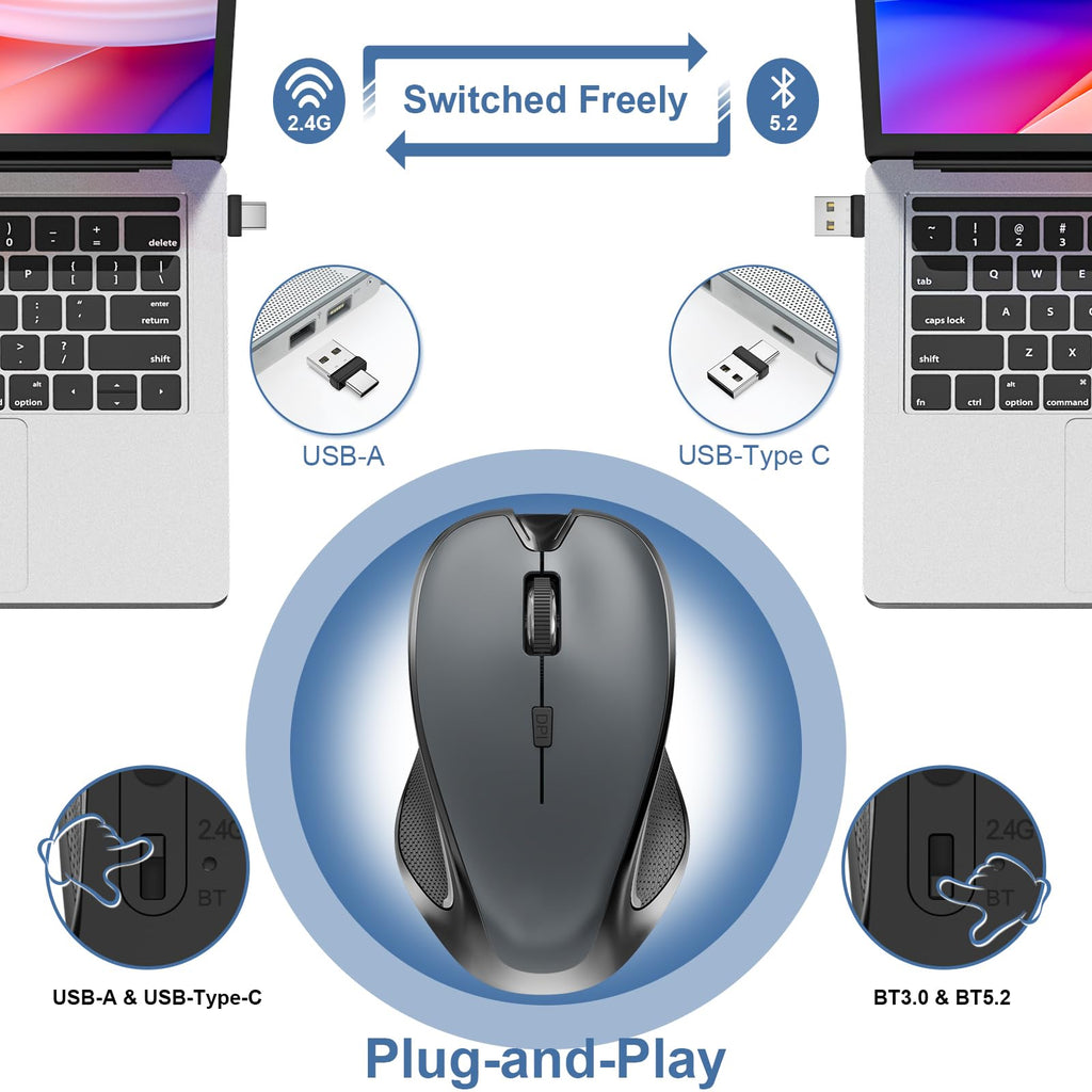 Mouse for MacBook Bluetooth Wireless Mice Laptop Mac Pro iPad with Jiggler | Wireless Bluetooth Rechargeable Silent Optical Mouse Dual Mode Switch Bluetooth 5.2/3.0 and 2.4GHz USB Type-C Receiver Black