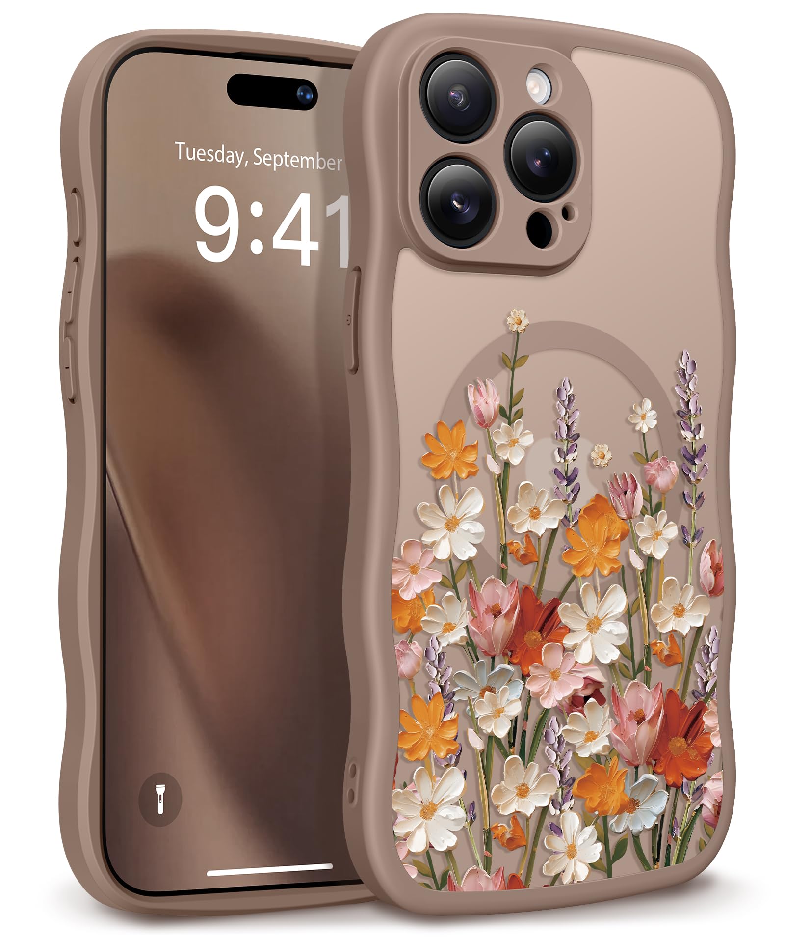 GVIEWIN for iPhone 17 Pro Case Compatible with MagSafe [Curly Wave Edge][Full Camera Protection] Floral Translucent Shockproof Magnetic Women Phone Case for iPhone 17 Pro 6.3'', Floratopia/Brown