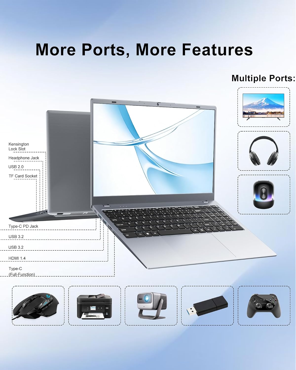 14 Inch Laptop Computer for Student Business, 32GB RAM, 1TB SSD, Pentium 6500Y, Long Battery Life & Fast Charging, FHD IPS Display, Type-C, 4 Speakers, Wi-Fi 5, BT 5