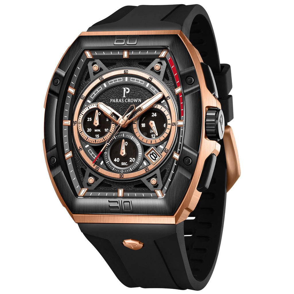 Paras Crown Watches for Men Tonneau 5ATM Waterproof Quartz Luxury Chronograph Analog Men's Wrist Watches Stainless Steel Case Mens Watches