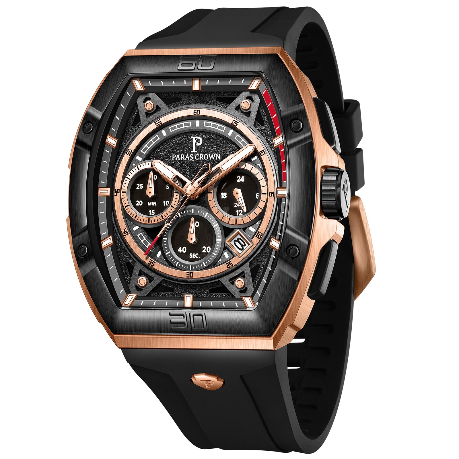 Paras Crown Watches for Men Tonneau 5ATM Waterproof Quartz Luxury Chronograph Analog Men's Wrist Watches Stainless Steel Case Mens Watches