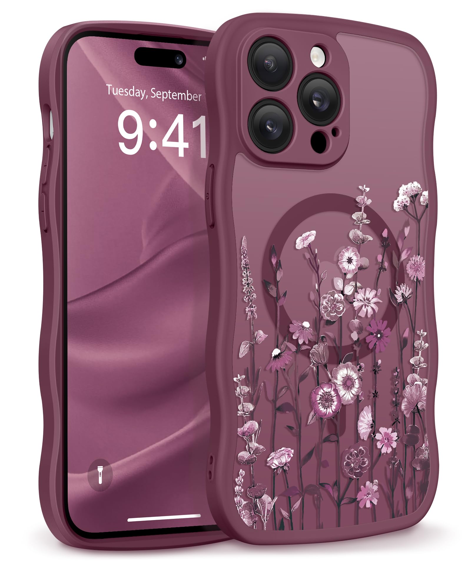 GVIEWIN for iPhone 17 Pro Case Compatible with MagSafe [Curly Wave Edge][Full Camera Protection] Floral Translucent Shockproof Magnetic Women Phone Case for iPhone 17 Pro 6.3'', Floratopia/Brown