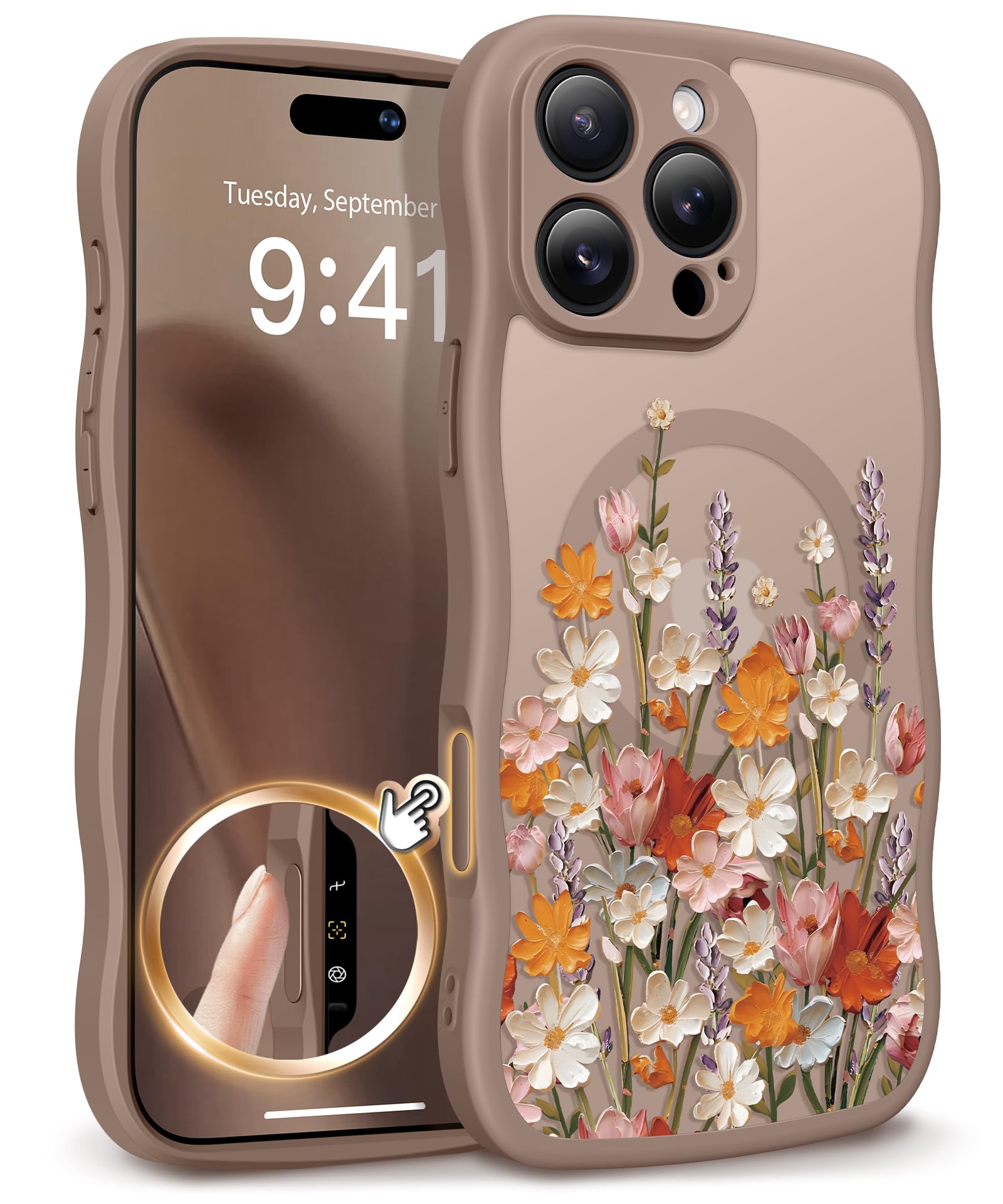GVIEWIN for iPhone 17 Pro Case Compatible with MagSafe [Curly Wave Edge][Full Camera Protection] Floral Translucent Shockproof Magnetic Women Phone Case for iPhone 17 Pro 6.3'', Floratopia/Brown