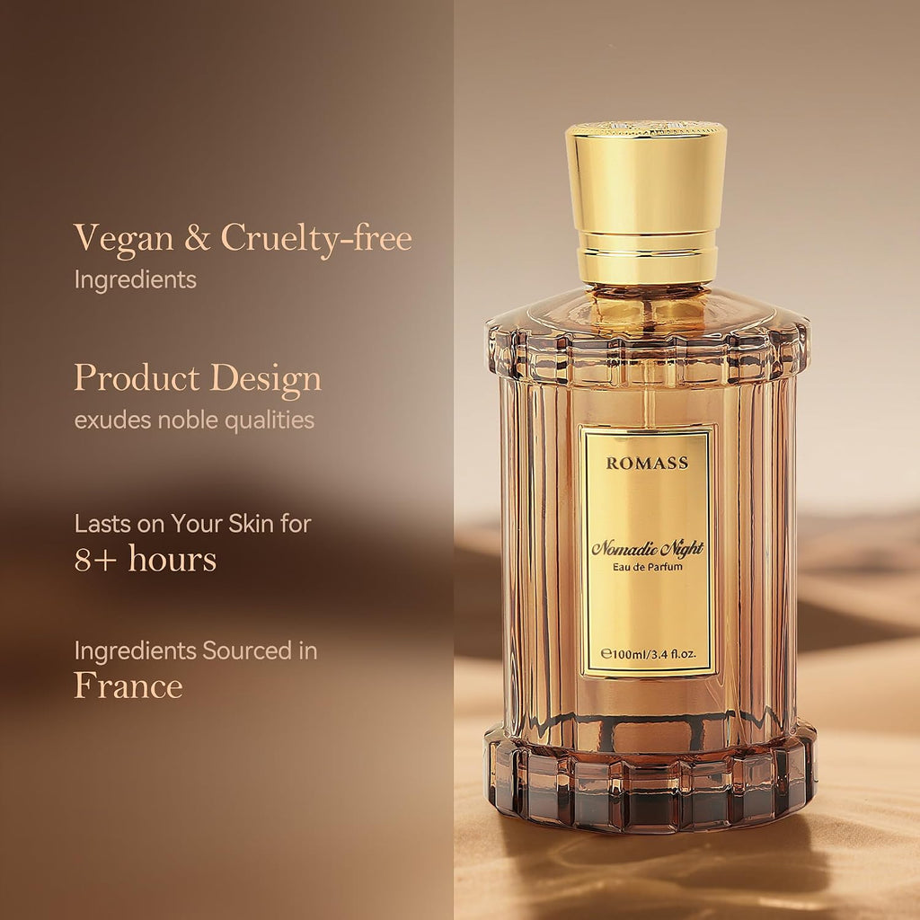 ROMASS Nomadic Night Long Lasting Unisex Oud Perfume - 3.4oz/100ml Eau de Parfum, Warm Woody Scent with Smoked Oud, Desert Sage, Rose & Raspberry, Gift for Men Women
