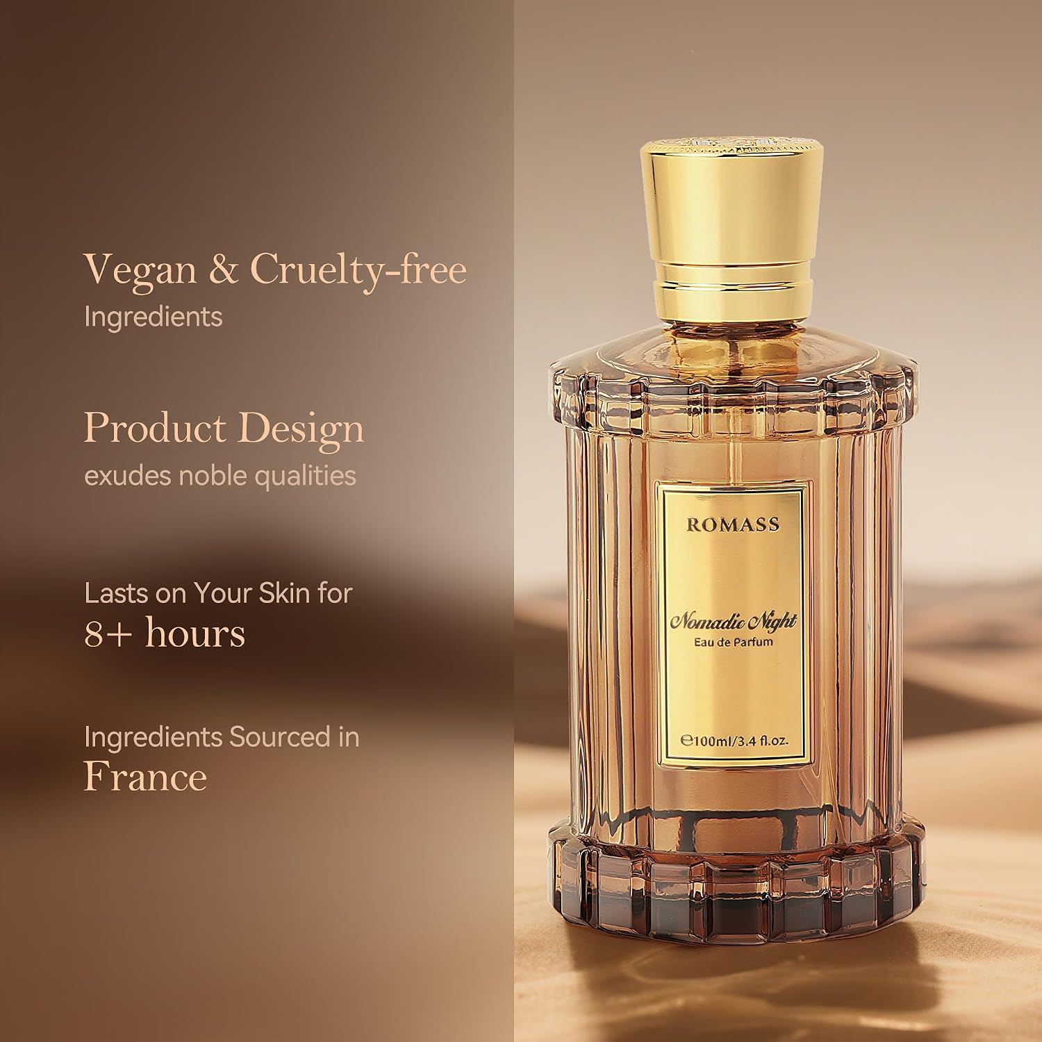 ROMASS Nomadic Night Long Lasting Unisex Oud Perfume - 3.4oz/100ml Eau de Parfum, Warm Woody Scent with Smoked Oud, Desert Sage, Rose & Raspberry, Gift for Men Women
