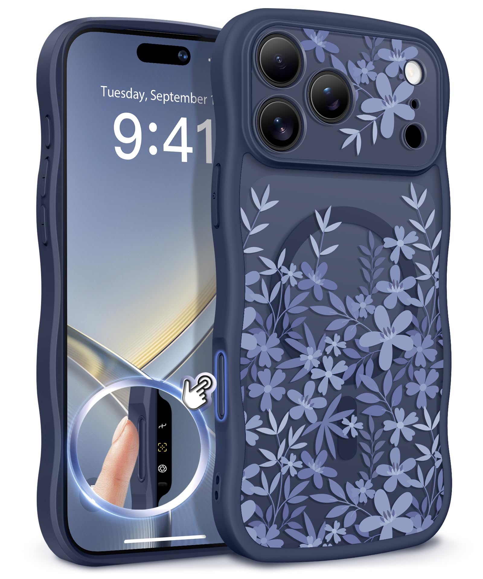 GVIEWIN for iPhone 17 Pro Case Compatible with MagSafe [Curly Wave Edge][Full Camera Protection] Floral Translucent Shockproof Magnetic Women Phone Case for iPhone 17 Pro 6.3'', Floratopia/Brown