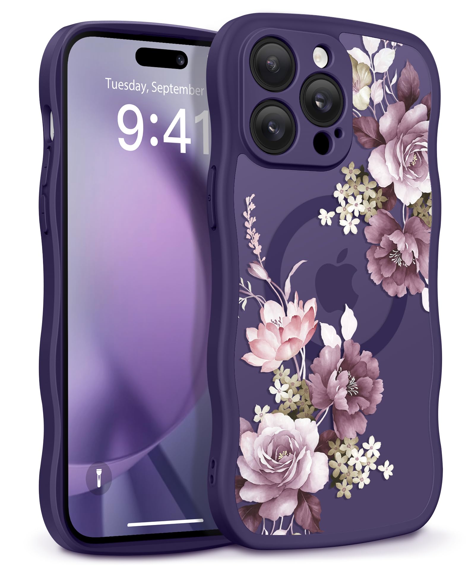 GVIEWIN for iPhone 17 Pro Case Compatible with MagSafe [Curly Wave Edge][Full Camera Protection] Floral Translucent Shockproof Magnetic Women Phone Case for iPhone 17 Pro 6.3'', Floratopia/Brown