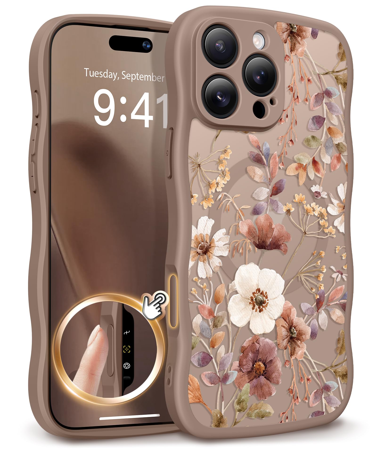 GVIEWIN for iPhone 17 Pro Case Compatible with MagSafe [Curly Wave Edge][Full Camera Protection] Floral Translucent Shockproof Magnetic Women Phone Case for iPhone 17 Pro 6.3'', Floratopia/Brown