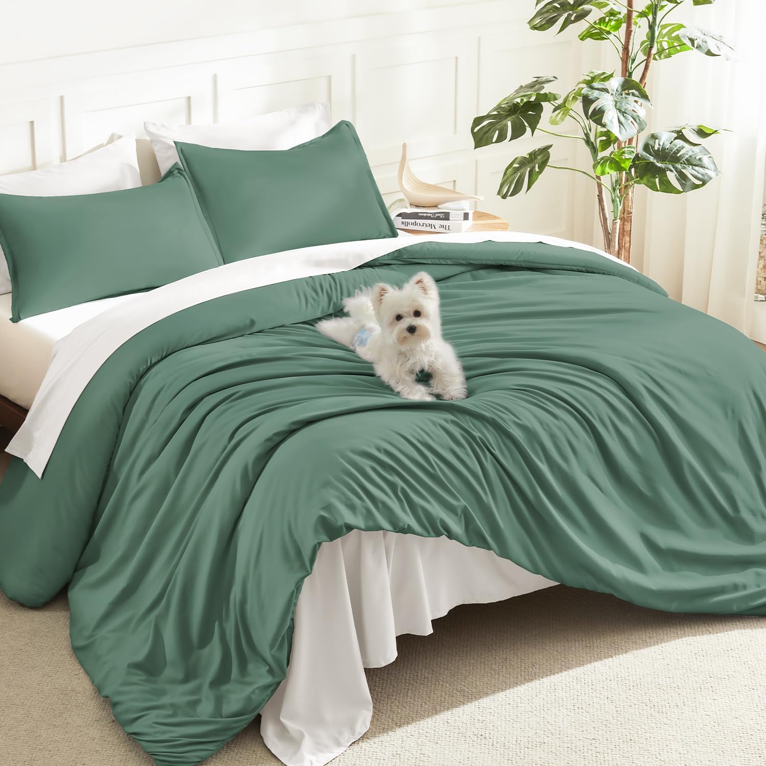 Litanika Queen Comforter Set Sage Green, 3 Pieces Lightweight Solid Bed Set | Soft Fluffy Down Alternative All Season Quilt Blanket