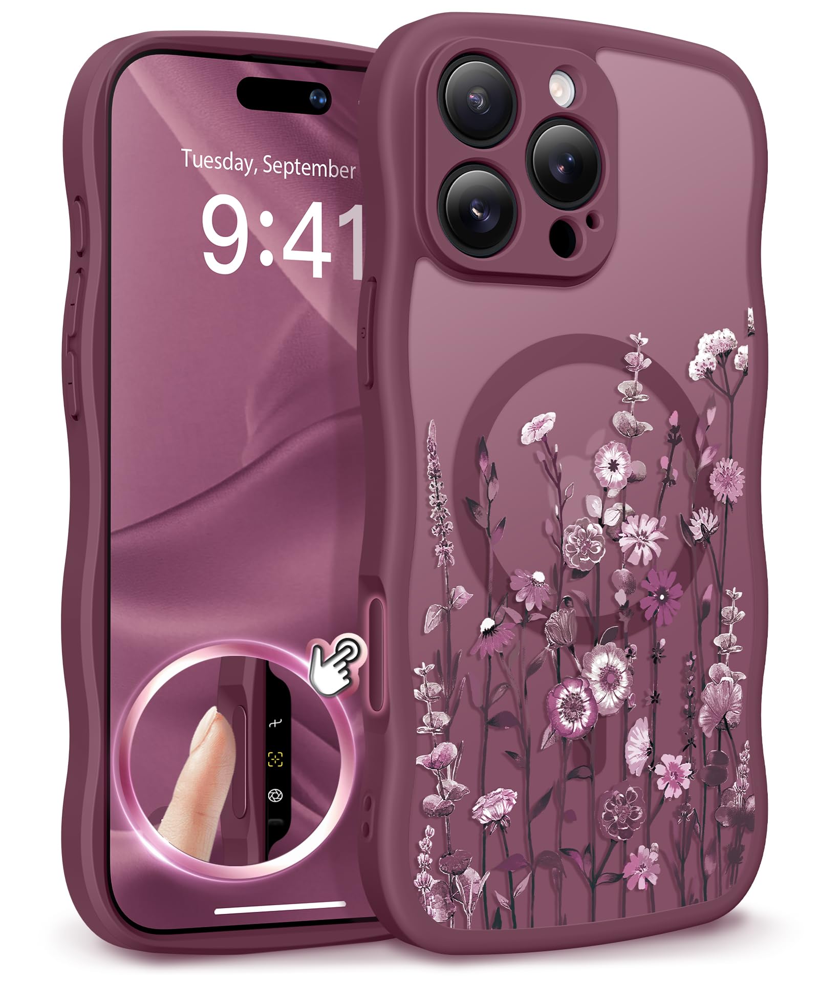 GVIEWIN for iPhone 17 Pro Case Compatible with MagSafe [Curly Wave Edge][Full Camera Protection] Floral Translucent Shockproof Magnetic Women Phone Case for iPhone 17 Pro 6.3'', Floratopia/Brown