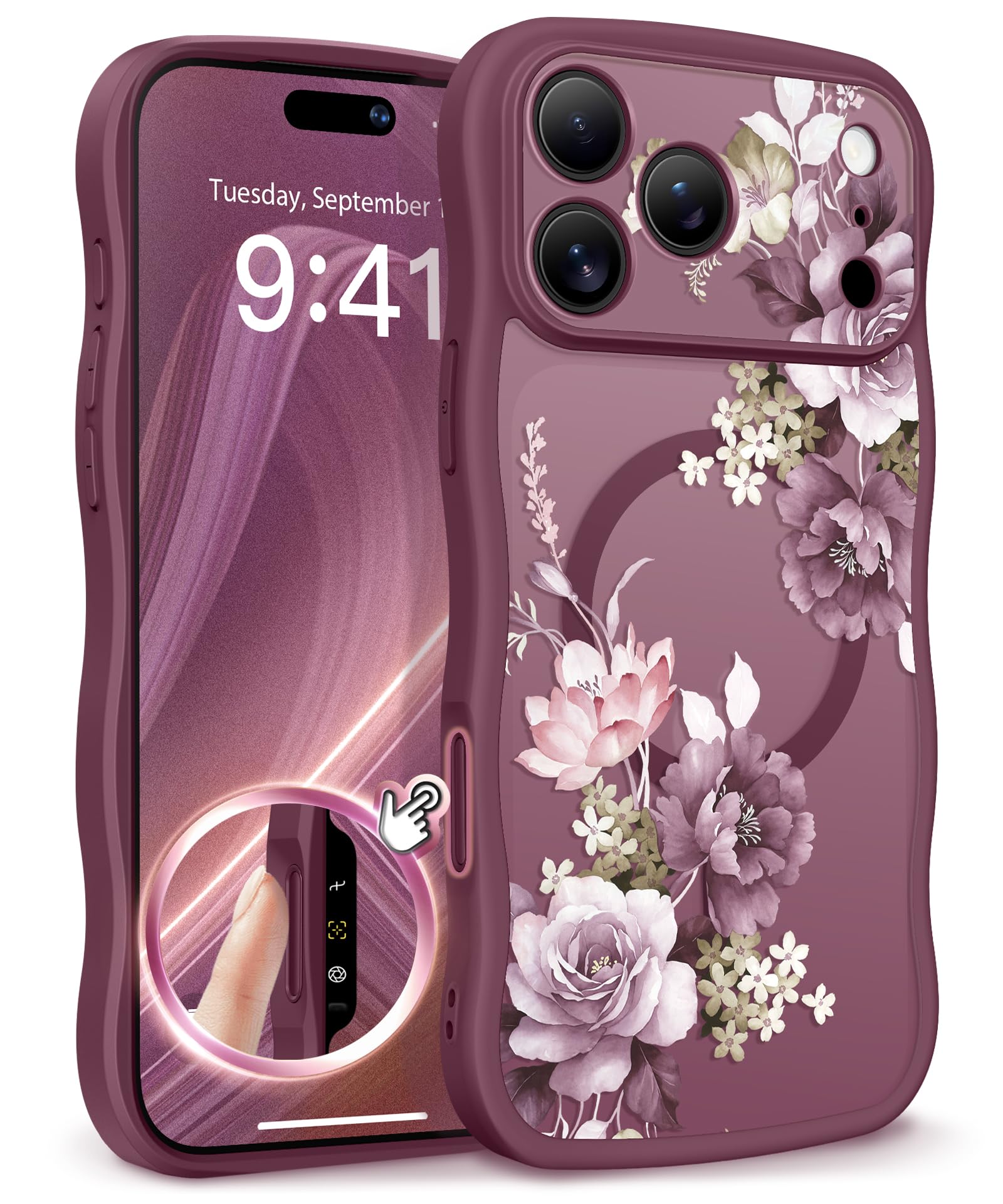 GVIEWIN for iPhone 17 Pro Case Compatible with MagSafe [Curly Wave Edge][Full Camera Protection] Floral Translucent Shockproof Magnetic Women Phone Case for iPhone 17 Pro 6.3'', Floratopia/Brown