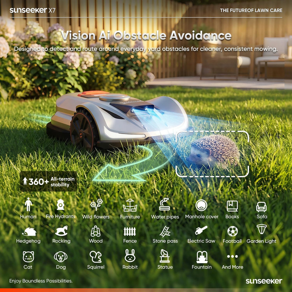 Sunseeker X7 AWD Robot Lawn Mower, RTK, Vision AI, 0.75 Acre, Wire-Free | Flagship AWD mowing for homeowners with large, challenging yards, steep slopes and uneven terrain.