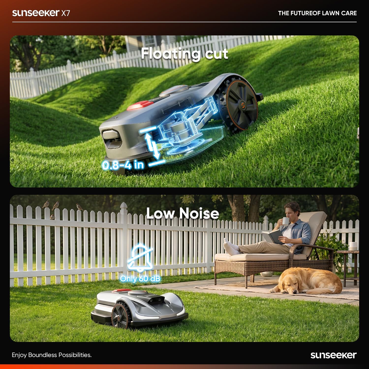 Sunseeker X7 AWD Robot Lawn Mower, RTK, Vision AI, 0.75 Acre, Wire-Free | Flagship AWD mowing for homeowners with large, challenging yards, steep slopes and uneven terrain.