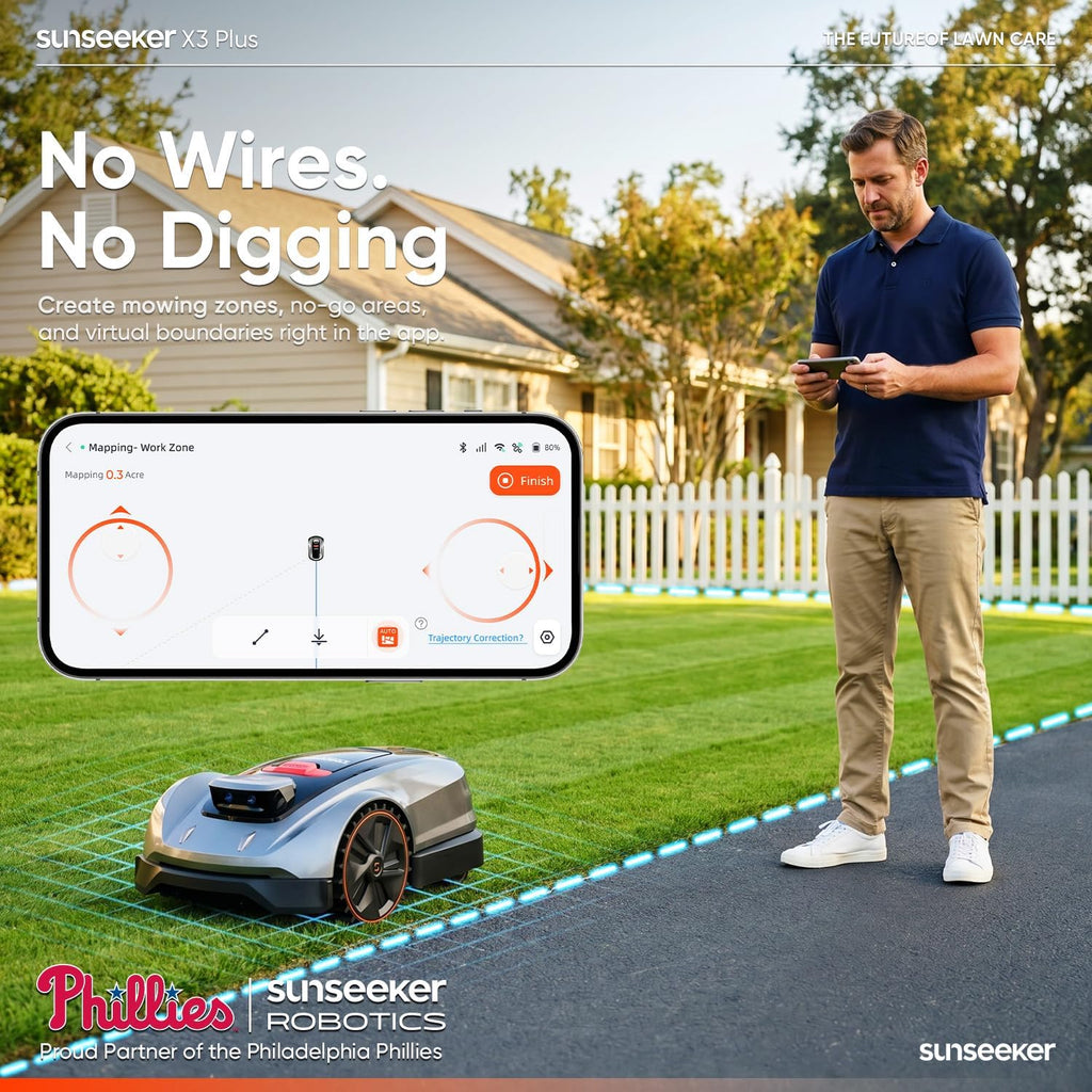 Sunseeker X7 AWD Robot Lawn Mower, RTK, Vision AI, 0.75 Acre, Wire-Free | Flagship AWD mowing for homeowners with large, challenging yards, steep slopes and uneven terrain.