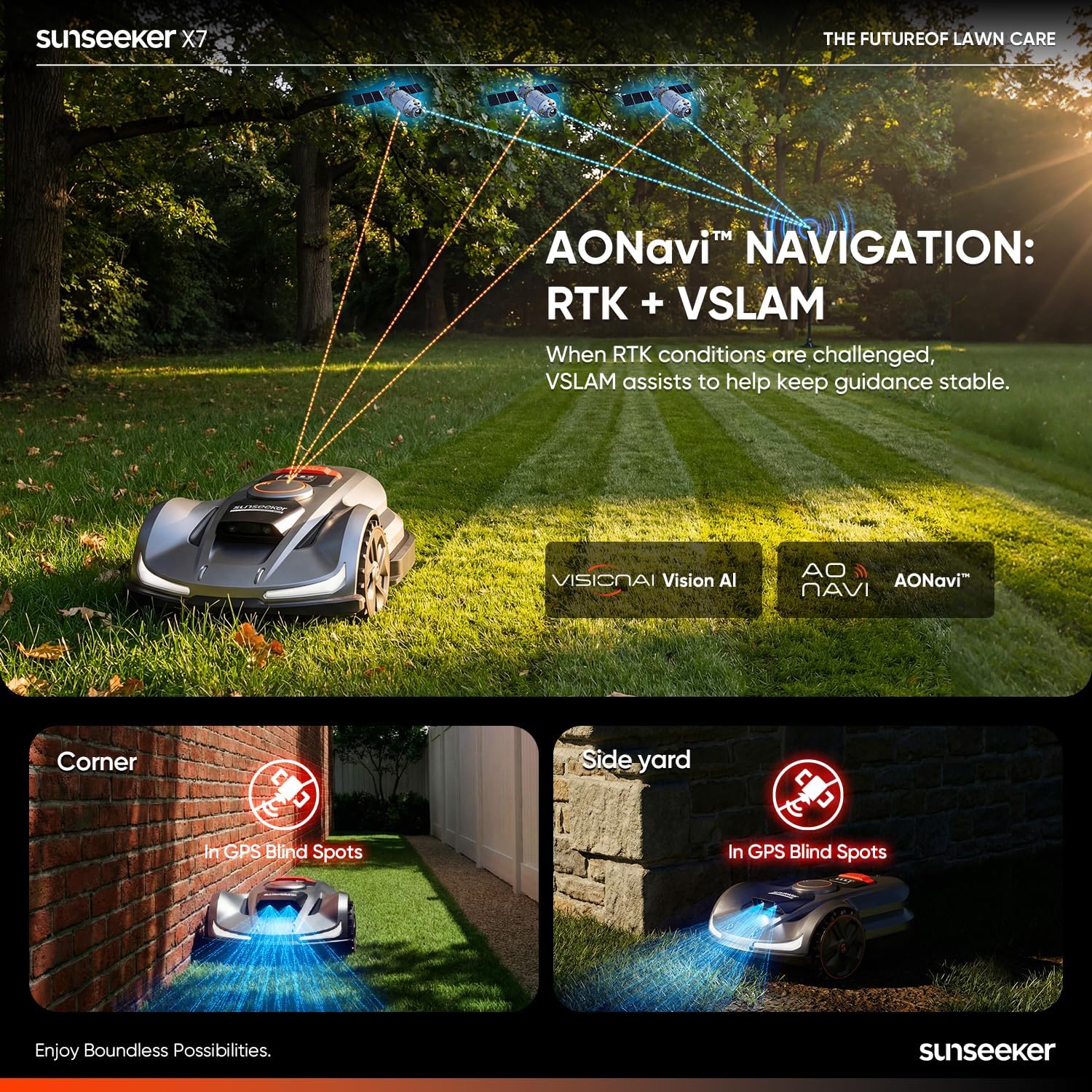 Sunseeker X7 AWD Robot Lawn Mower, RTK, Vision AI, 0.75 Acre, Wire-Free | Flagship AWD mowing for homeowners with large, challenging yards, steep slopes and uneven terrain.
