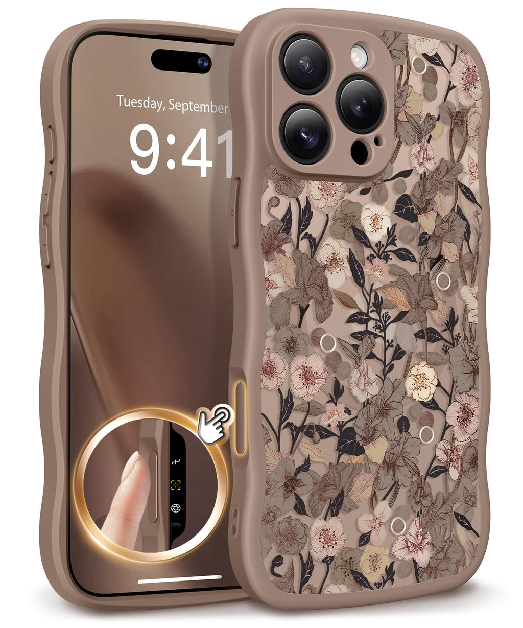 GVIEWIN for iPhone 17 Pro Case Compatible with MagSafe [Curly Wave Edge][Full Camera Protection] Floral Translucent Shockproof Magnetic Women Phone Case for iPhone 17 Pro 6.3'', Floratopia/Brown