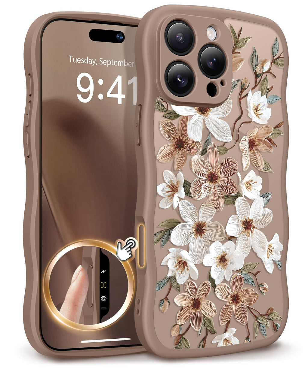 GVIEWIN for iPhone 17 Pro Case Compatible with MagSafe [Curly Wave Edge][Full Camera Protection] Floral Translucent Shockproof Magnetic Women Phone Case for iPhone 17 Pro 6.3'', Floratopia/Brown