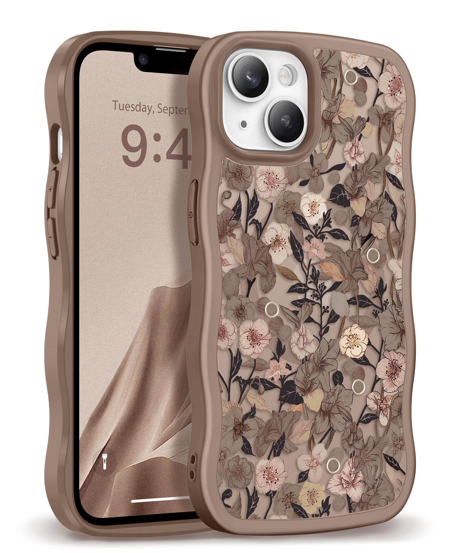 GVIEWIN for iPhone 17 Pro Case Compatible with MagSafe [Curly Wave Edge][Full Camera Protection] Floral Translucent Shockproof Magnetic Women Phone Case for iPhone 17 Pro 6.3'', Floratopia/Brown