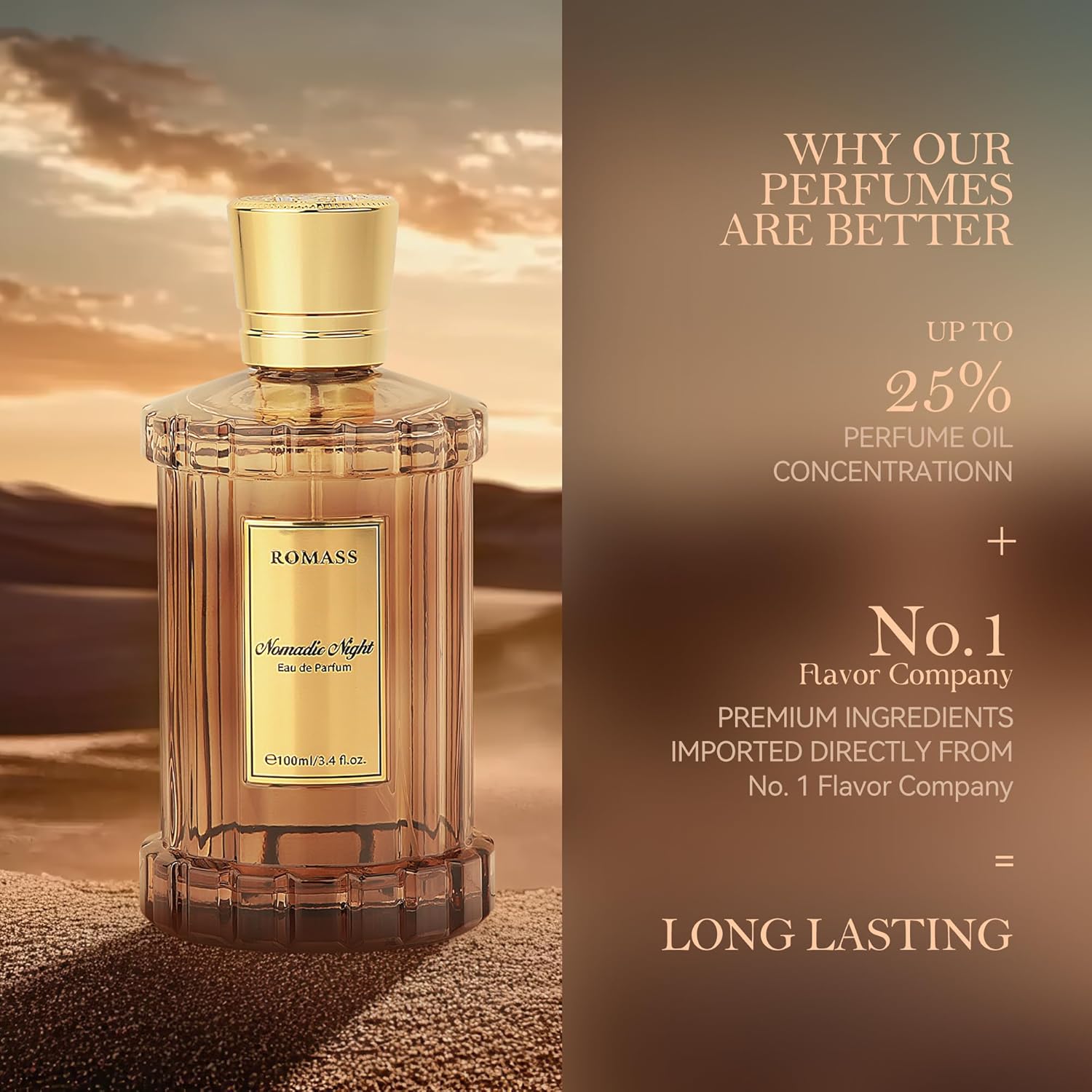 ROMASS Nomadic Night Long Lasting Unisex Oud Perfume - 3.4oz/100ml Eau de Parfum, Warm Woody Scent with Smoked Oud, Desert Sage, Rose & Raspberry, Gift for Men Women