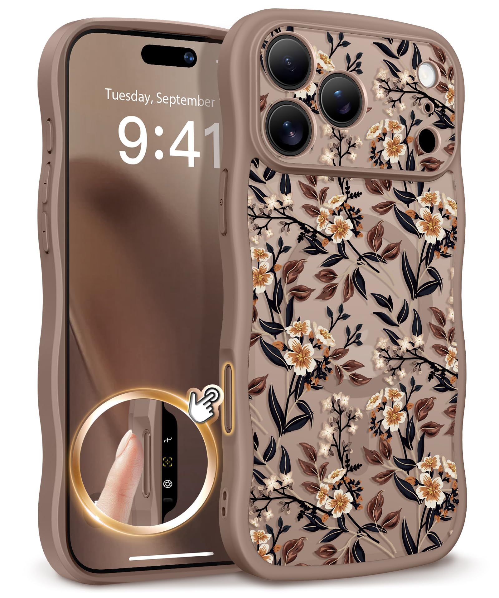 GVIEWIN for iPhone 17 Pro Case Compatible with MagSafe [Curly Wave Edge][Full Camera Protection] Floral Translucent Shockproof Magnetic Women Phone Case for iPhone 17 Pro 6.3'', Floratopia/Brown