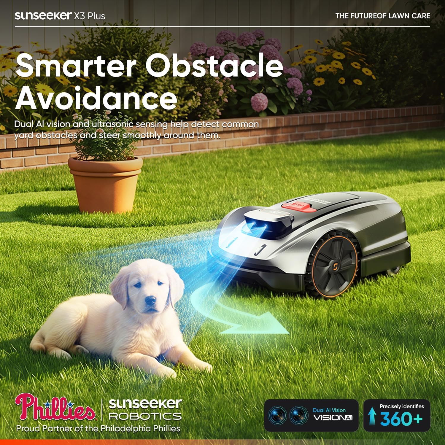 Sunseeker X7 AWD Robot Lawn Mower, RTK, Vision AI, 0.75 Acre, Wire-Free | Flagship AWD mowing for homeowners with large, challenging yards, steep slopes and uneven terrain.