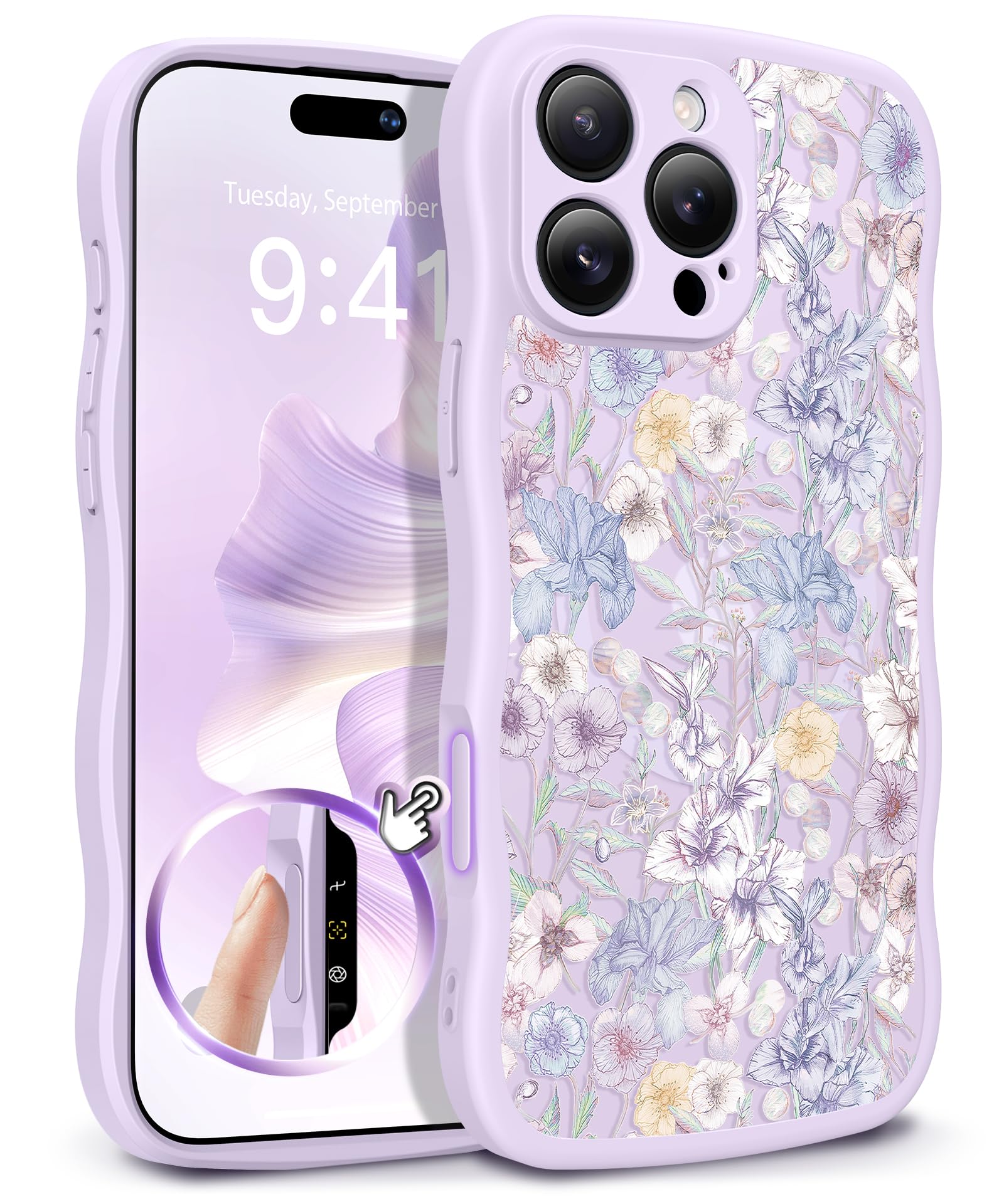 GVIEWIN for iPhone 17 Pro Case Compatible with MagSafe [Curly Wave Edge][Full Camera Protection] Floral Translucent Shockproof Magnetic Women Phone Case for iPhone 17 Pro 6.3'', Floratopia/Brown