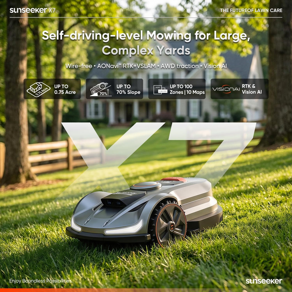 Sunseeker X7 AWD Robot Lawn Mower, RTK, Vision AI, 0.75 Acre, Wire-Free | Flagship AWD mowing for homeowners with large, challenging yards, steep slopes and uneven terrain.
