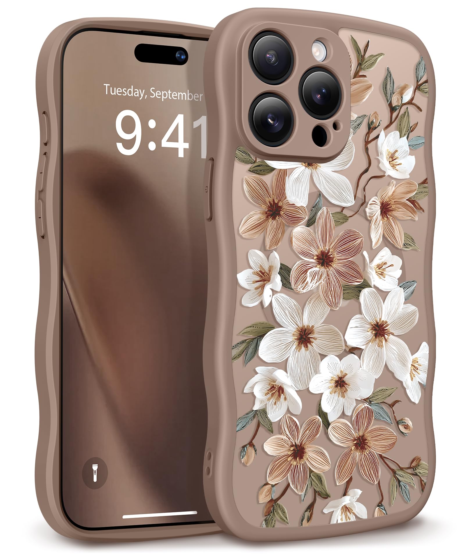 GVIEWIN for iPhone 17 Pro Case Compatible with MagSafe [Curly Wave Edge][Full Camera Protection] Floral Translucent Shockproof Magnetic Women Phone Case for iPhone 17 Pro 6.3'', Floratopia/Brown