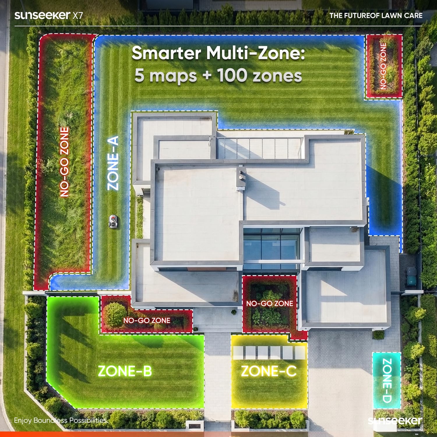 Sunseeker X7 AWD Robot Lawn Mower, RTK, Vision AI, 0.75 Acre, Wire-Free | Flagship AWD mowing for homeowners with large, challenging yards, steep slopes and uneven terrain.