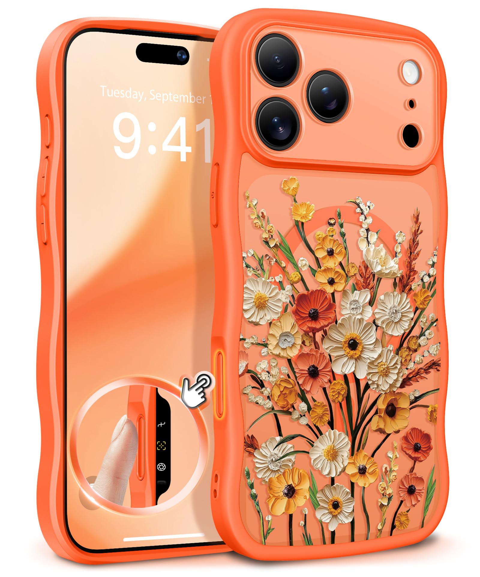 GVIEWIN for iPhone 17 Pro Case Compatible with MagSafe [Curly Wave Edge][Full Camera Protection] Floral Translucent Shockproof Magnetic Women Phone Case for iPhone 17 Pro 6.3'', Floratopia/Brown