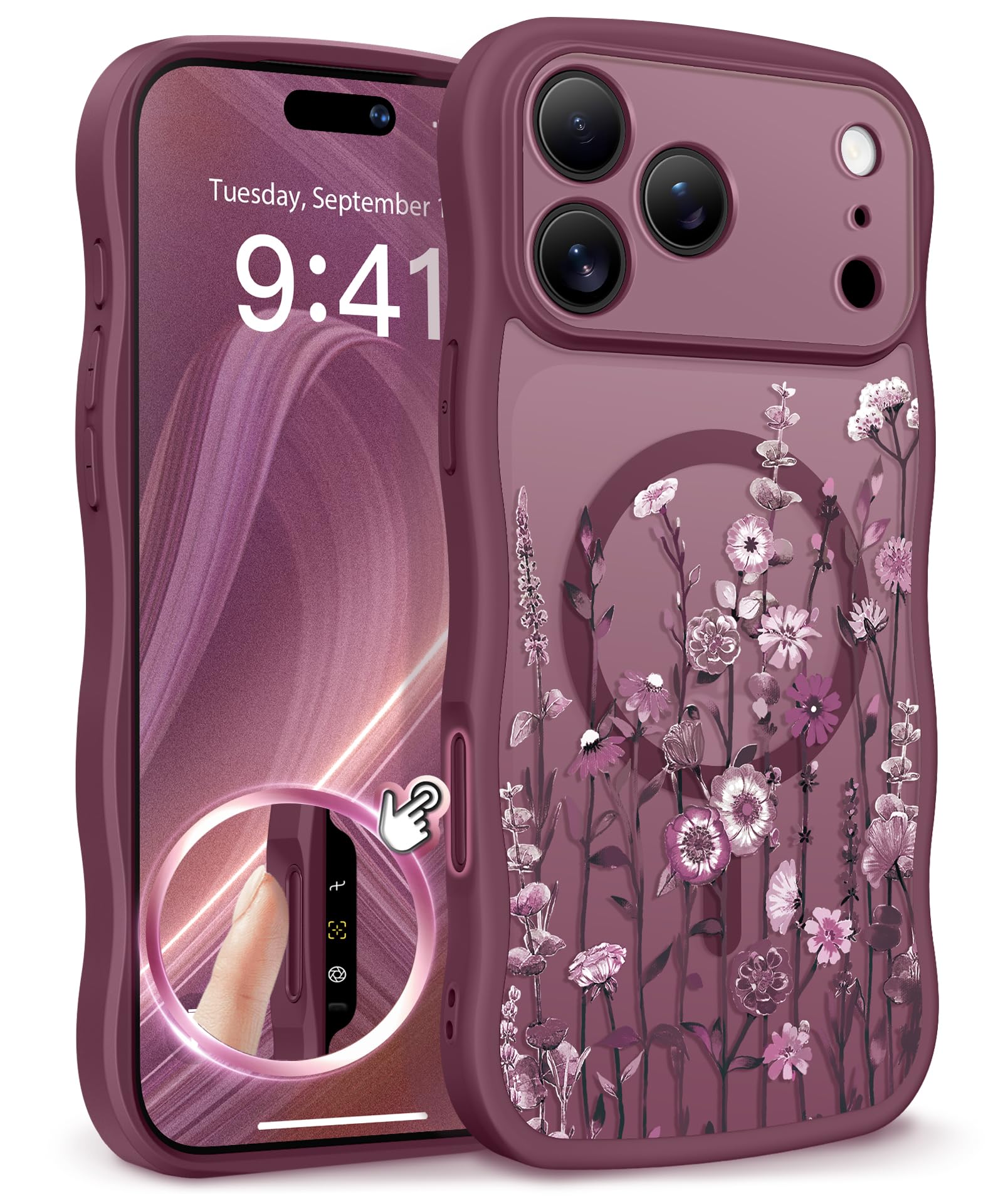 GVIEWIN for iPhone 17 Pro Case Compatible with MagSafe [Curly Wave Edge][Full Camera Protection] Floral Translucent Shockproof Magnetic Women Phone Case for iPhone 17 Pro 6.3'', Floratopia/Brown