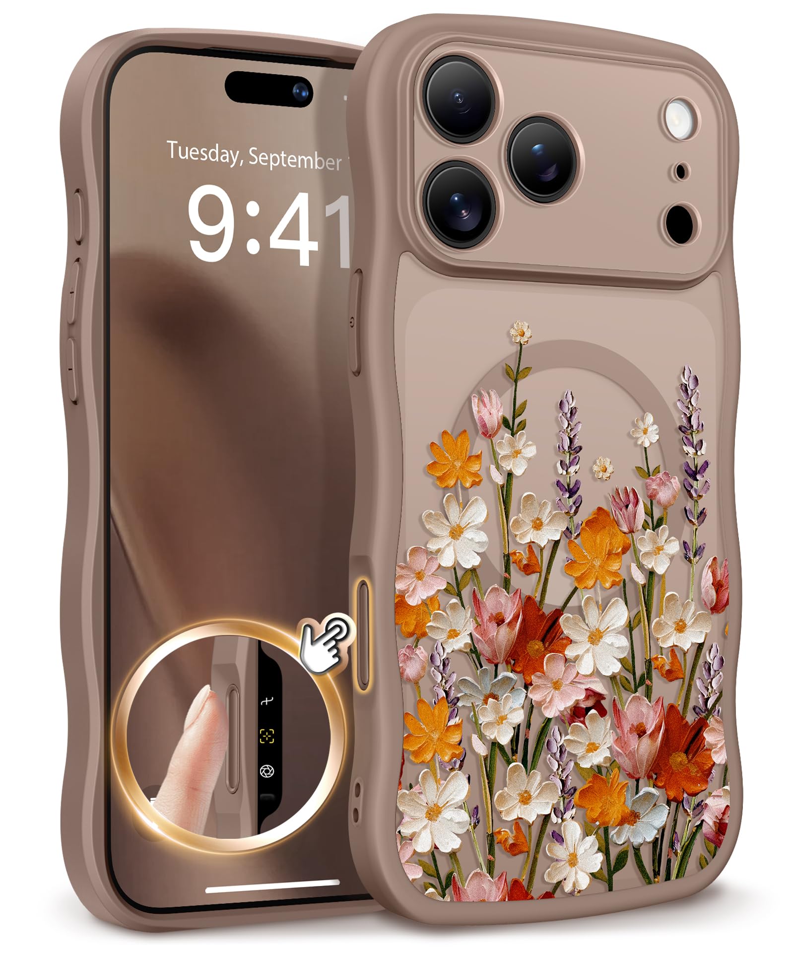 GVIEWIN for iPhone 17 Pro Case Compatible with MagSafe [Curly Wave Edge][Full Camera Protection] Floral Translucent Shockproof Magnetic Women Phone Case for iPhone 17 Pro 6.3'', Floratopia/Brown
