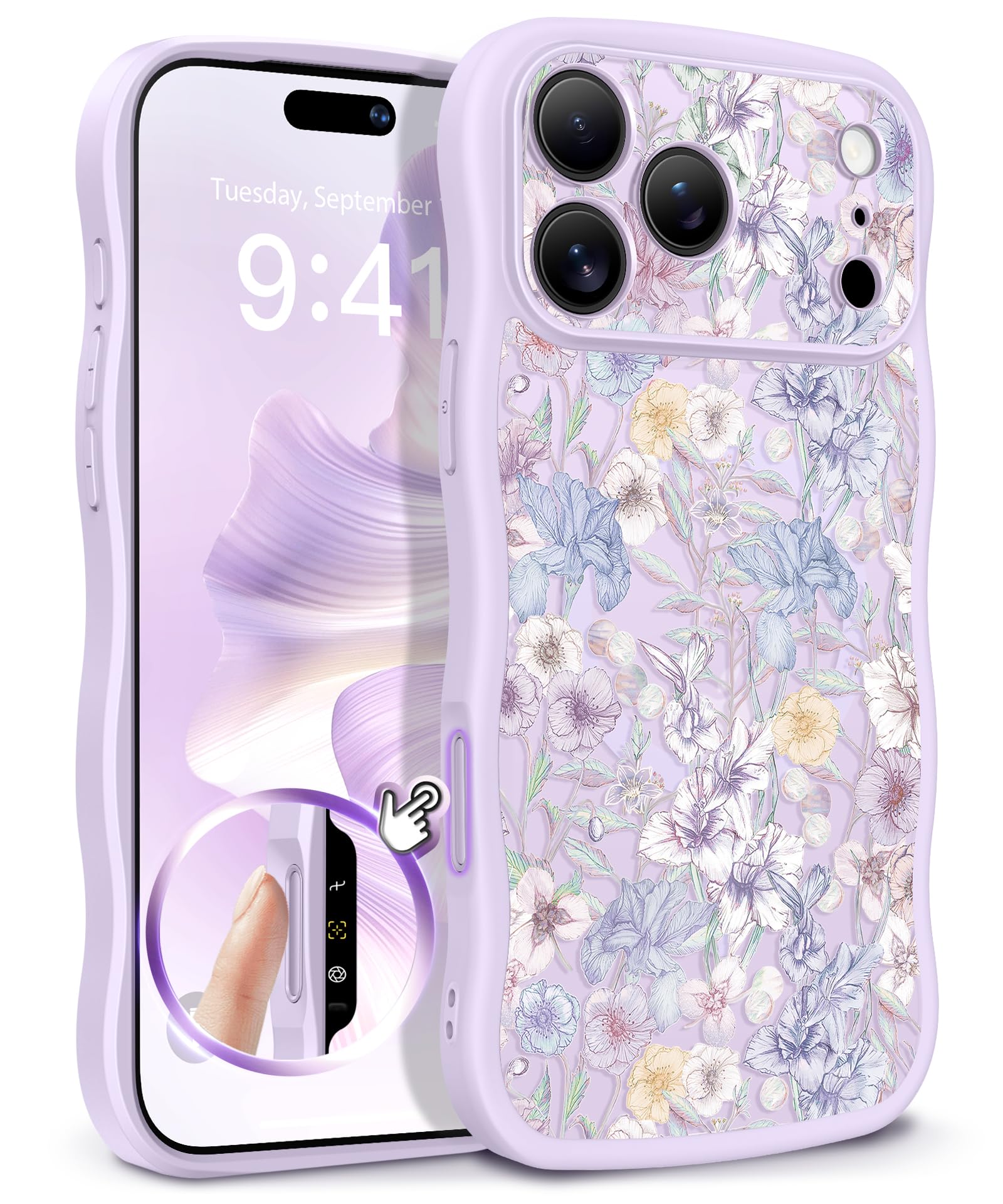 GVIEWIN for iPhone 17 Pro Case Compatible with MagSafe [Curly Wave Edge][Full Camera Protection] Floral Translucent Shockproof Magnetic Women Phone Case for iPhone 17 Pro 6.3'', Floratopia/Brown