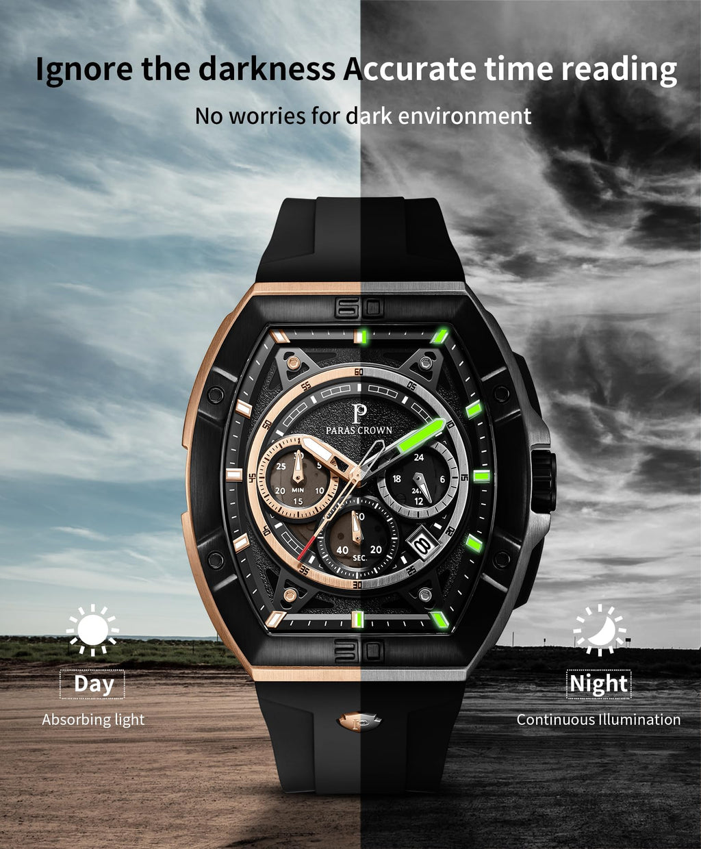 Paras Crown Watches for Men Tonneau 5ATM Waterproof Quartz Luxury Chronograph Analog Men's Wrist Watches Stainless Steel Case Mens Watches