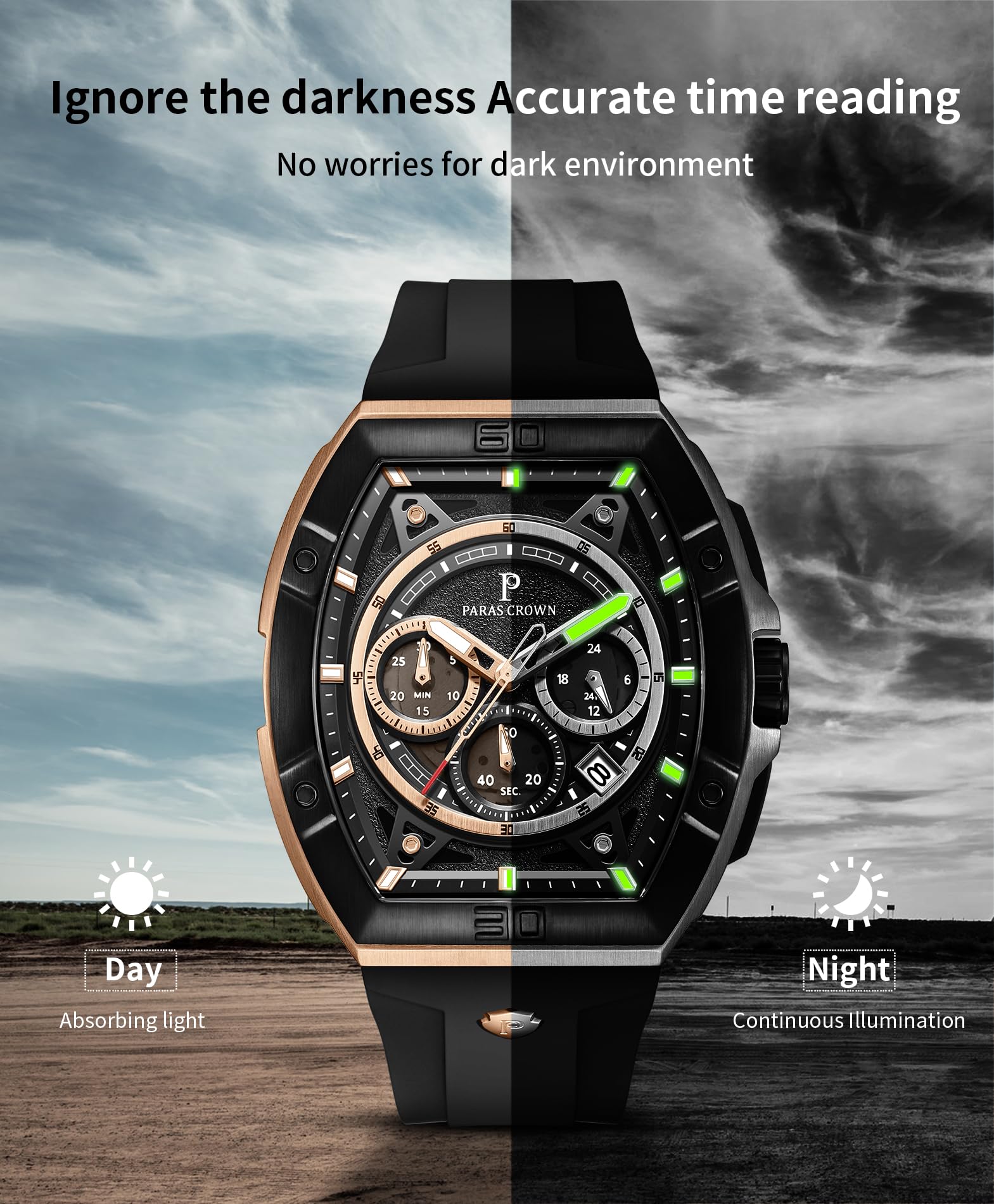 Paras Crown Watches for Men Tonneau 5ATM Waterproof Quartz Luxury Chronograph Analog Men's Wrist Watches Stainless Steel Case Mens Watches
