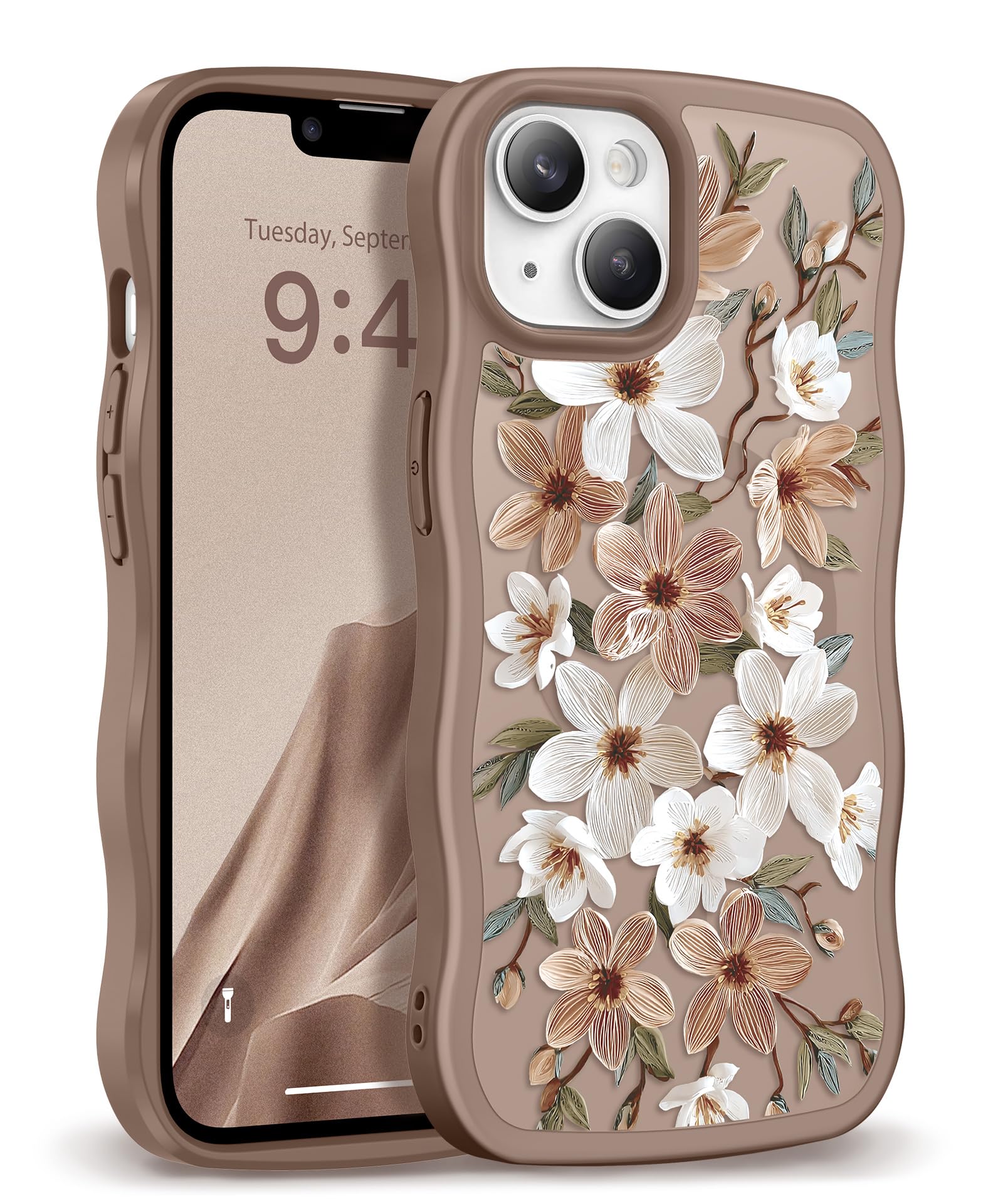 GVIEWIN for iPhone 17 Pro Case Compatible with MagSafe [Curly Wave Edge][Full Camera Protection] Floral Translucent Shockproof Magnetic Women Phone Case for iPhone 17 Pro 6.3'', Floratopia/Brown