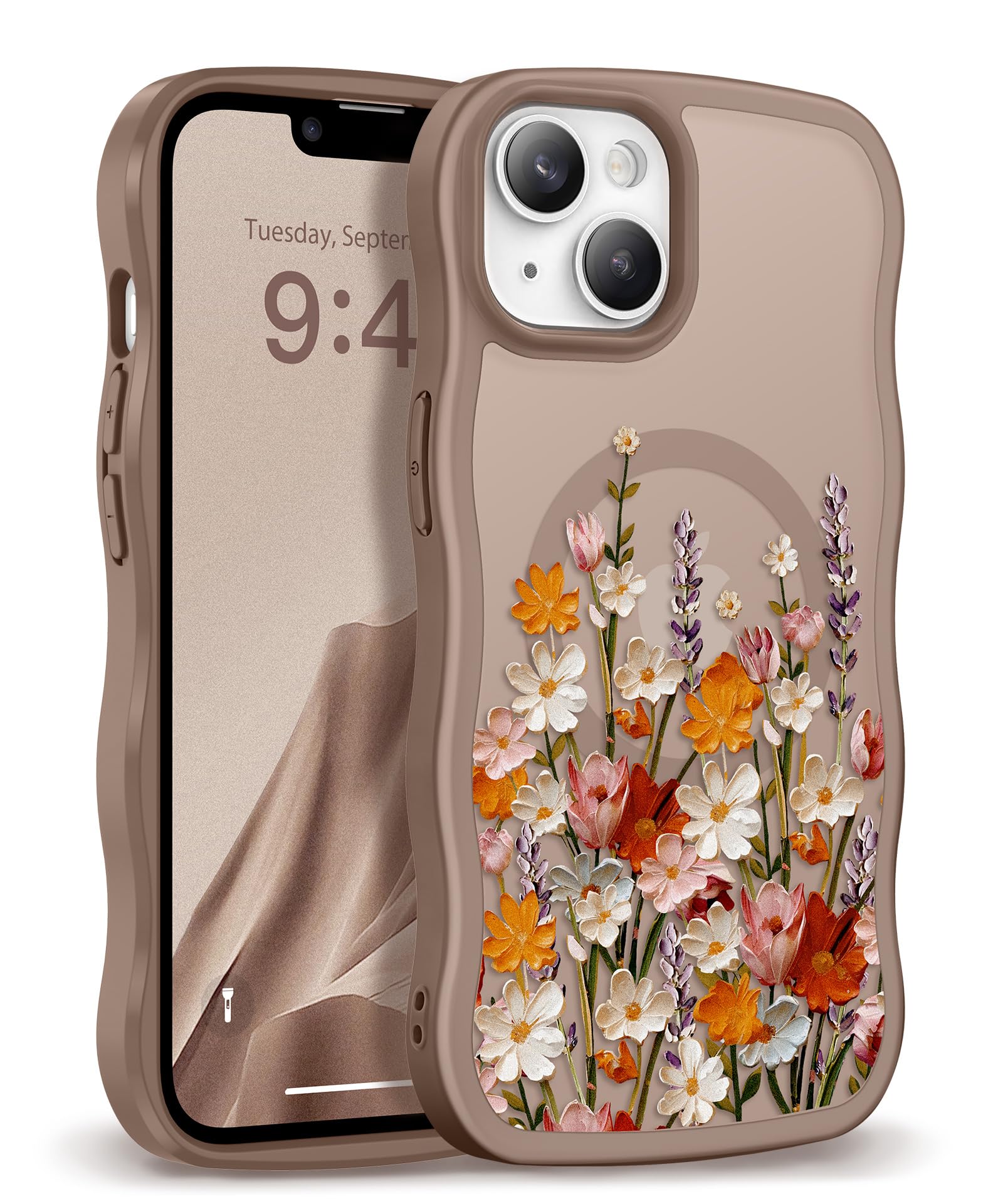 GVIEWIN for iPhone 17 Pro Case Compatible with MagSafe [Curly Wave Edge][Full Camera Protection] Floral Translucent Shockproof Magnetic Women Phone Case for iPhone 17 Pro 6.3'', Floratopia/Brown