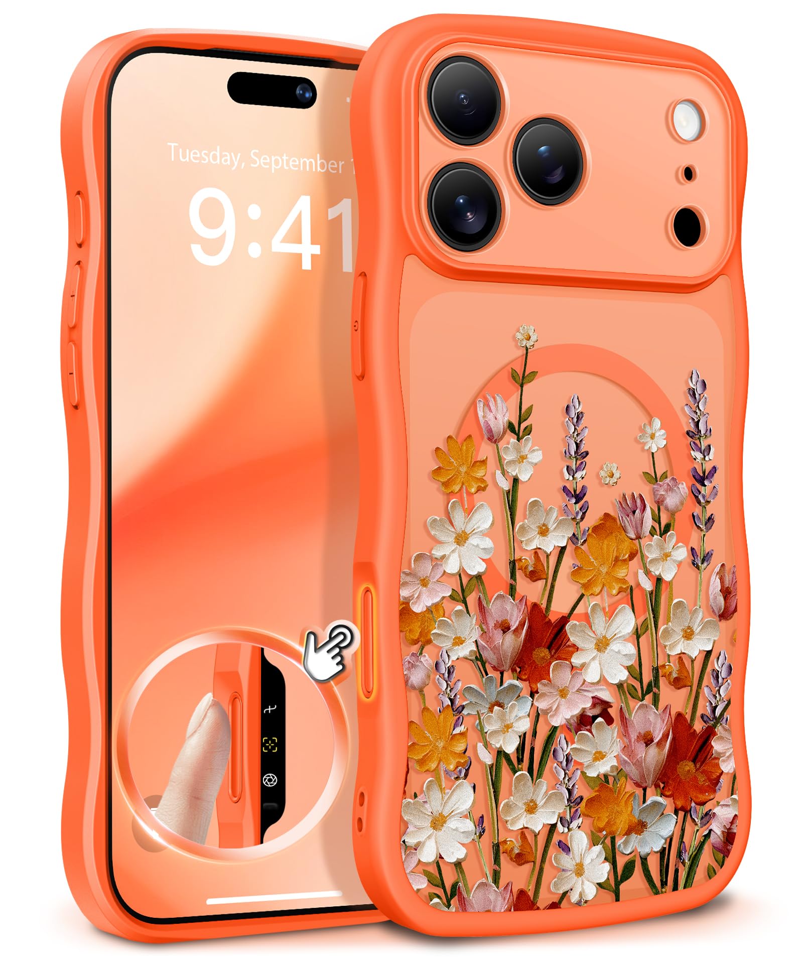 GVIEWIN for iPhone 17 Pro Case Compatible with MagSafe [Curly Wave Edge][Full Camera Protection] Floral Translucent Shockproof Magnetic Women Phone Case for iPhone 17 Pro 6.3'', Floratopia/Brown