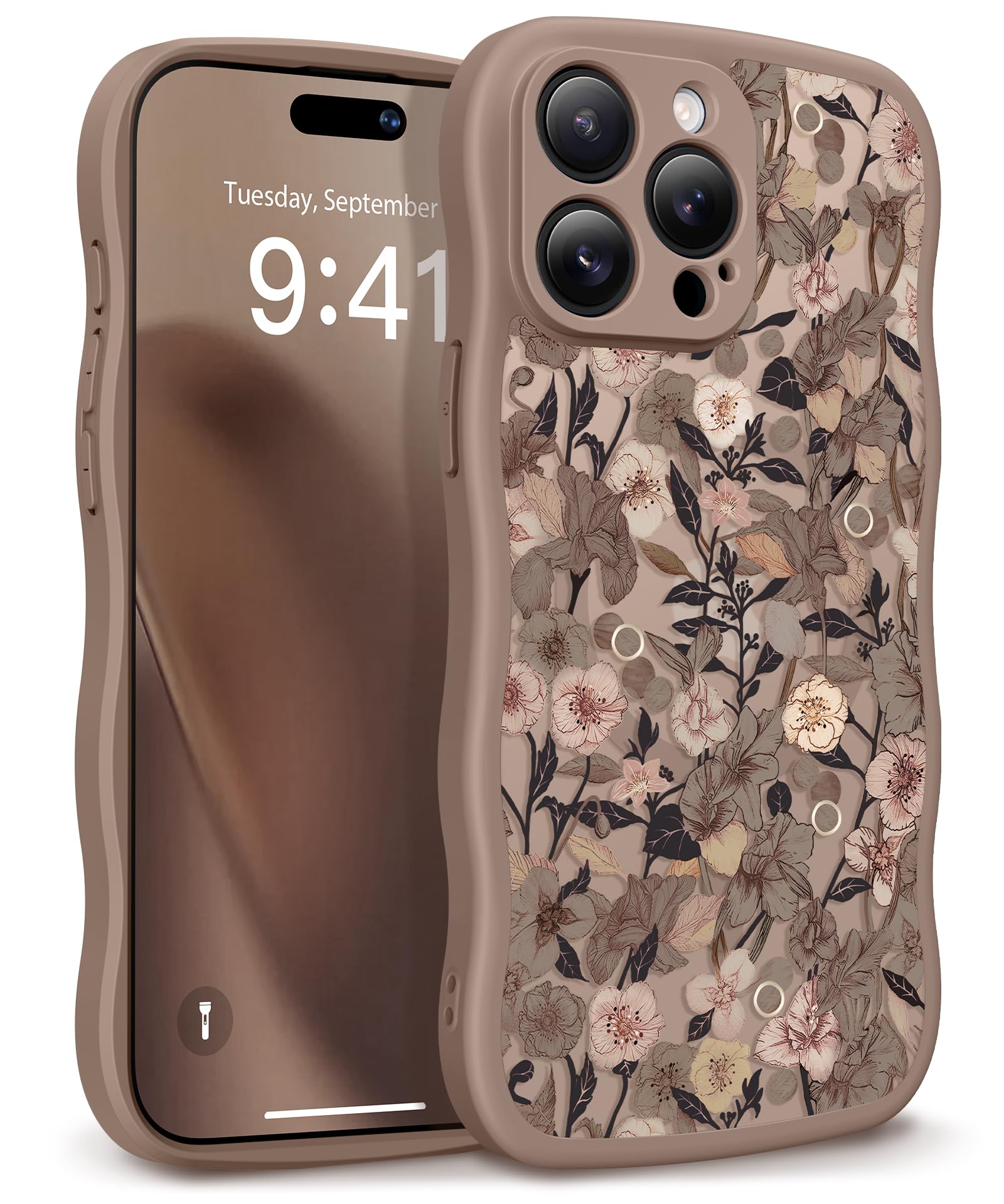 GVIEWIN for iPhone 17 Pro Case Compatible with MagSafe [Curly Wave Edge][Full Camera Protection] Floral Translucent Shockproof Magnetic Women Phone Case for iPhone 17 Pro 6.3'', Floratopia/Brown
