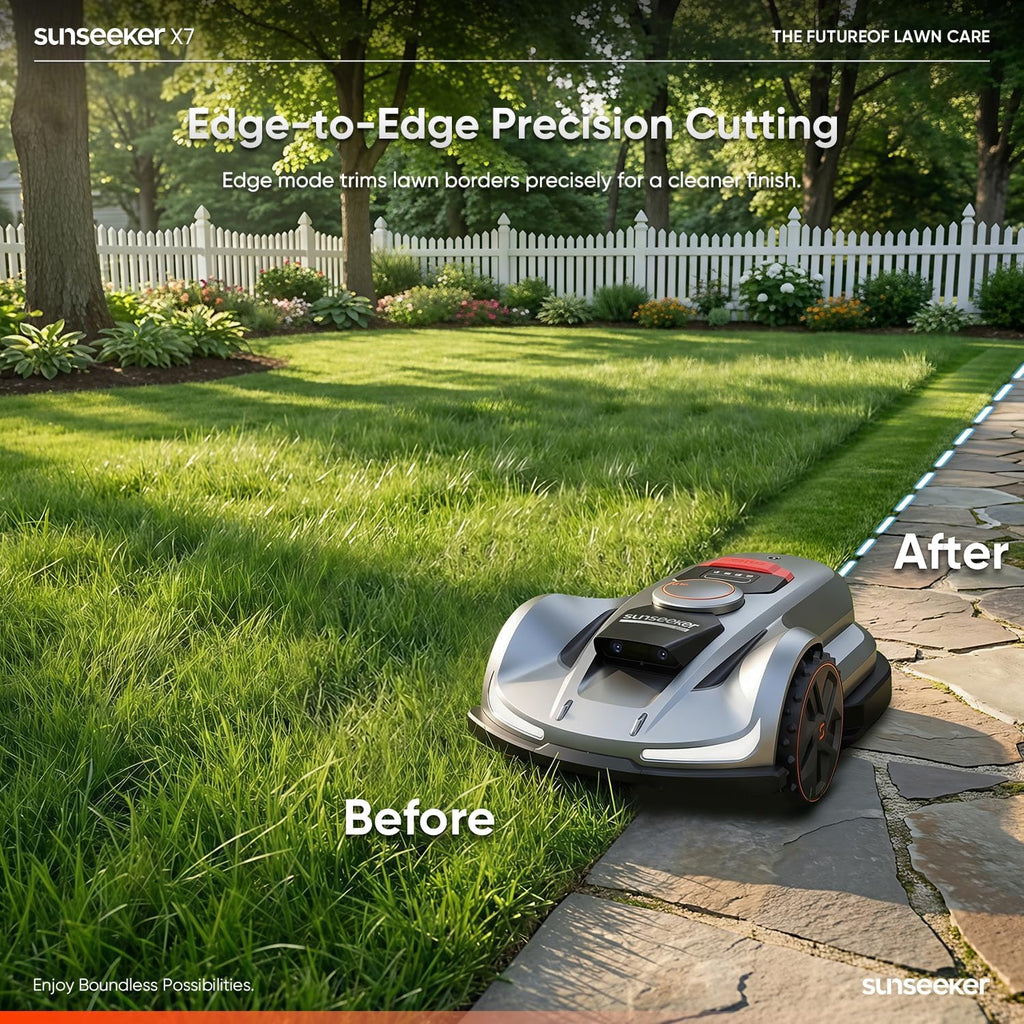 Sunseeker X7 AWD Robot Lawn Mower, RTK, Vision AI, 0.75 Acre, Wire-Free | Flagship AWD mowing for homeowners with large, challenging yards, steep slopes and uneven terrain.
