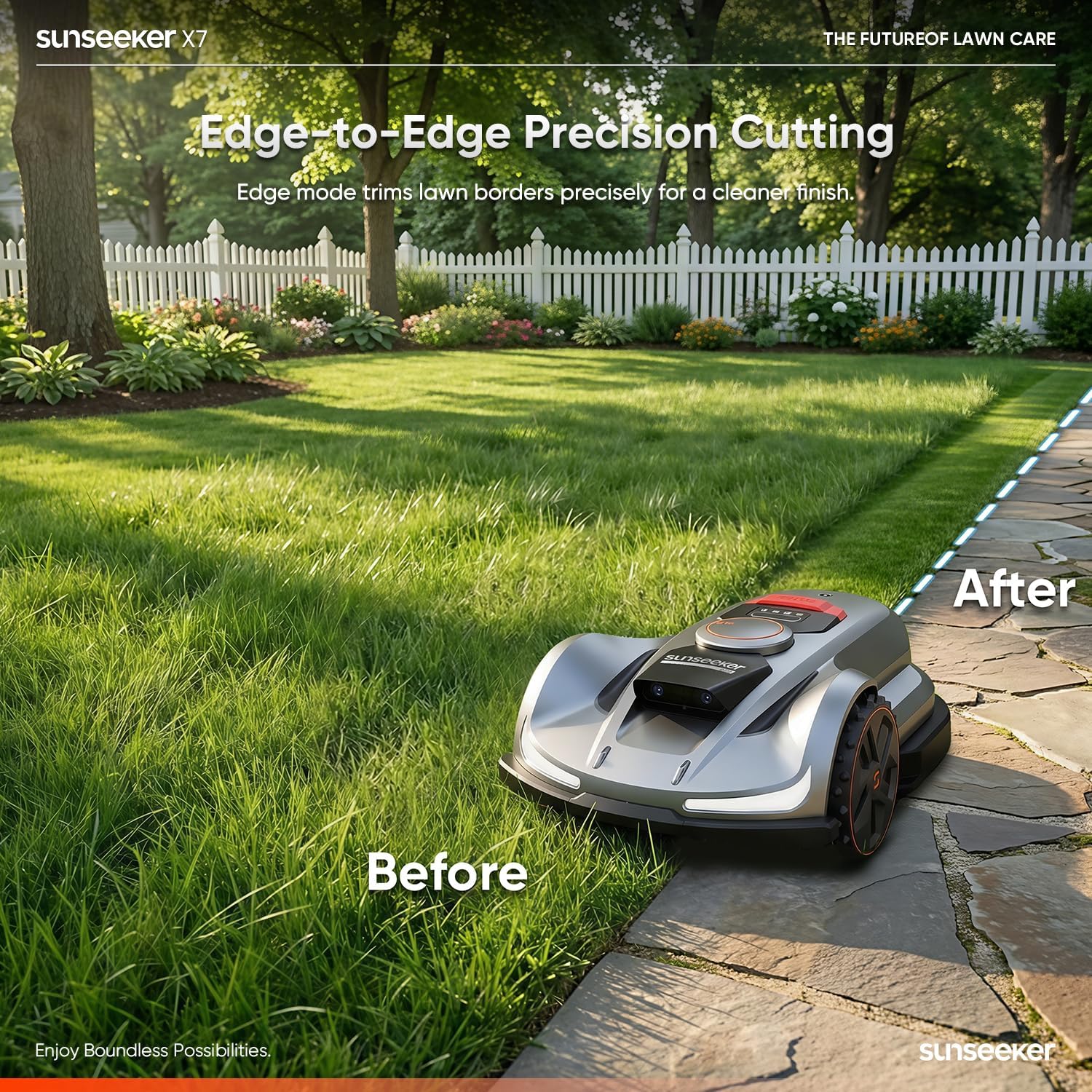 Sunseeker X7 AWD Robot Lawn Mower, RTK, Vision AI, 0.75 Acre, Wire-Free | Flagship AWD mowing for homeowners with large, challenging yards, steep slopes and uneven terrain.