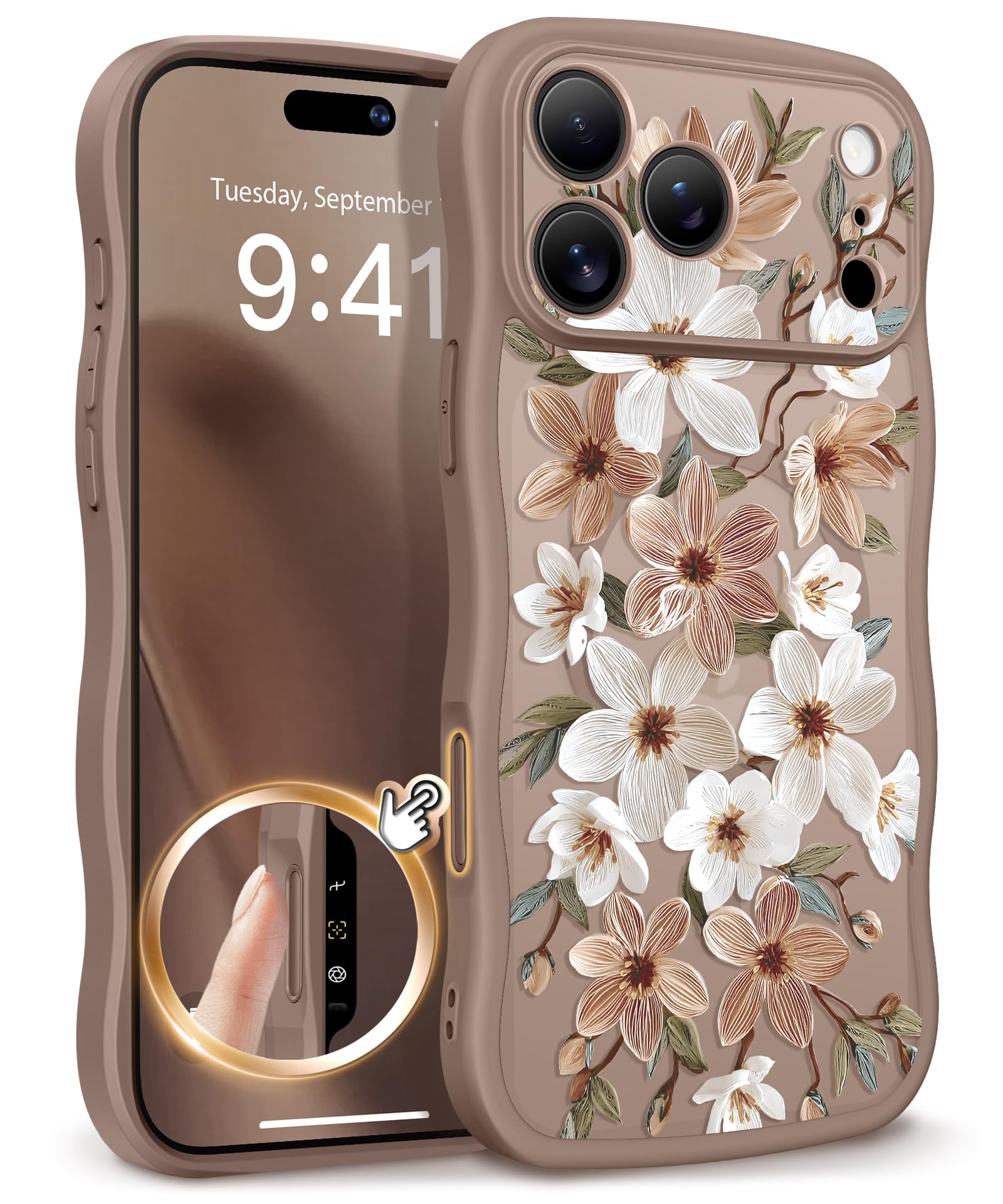 GVIEWIN for iPhone 17 Pro Case Compatible with MagSafe [Curly Wave Edge][Full Camera Protection] Floral Translucent Shockproof Magnetic Women Phone Case for iPhone 17 Pro 6.3'', Floratopia/Brown