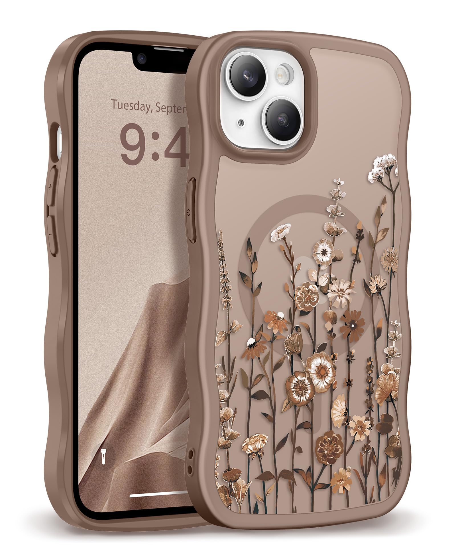GVIEWIN for iPhone 17 Pro Case Compatible with MagSafe [Curly Wave Edge][Full Camera Protection] Floral Translucent Shockproof Magnetic Women Phone Case for iPhone 17 Pro 6.3'', Floratopia/Brown